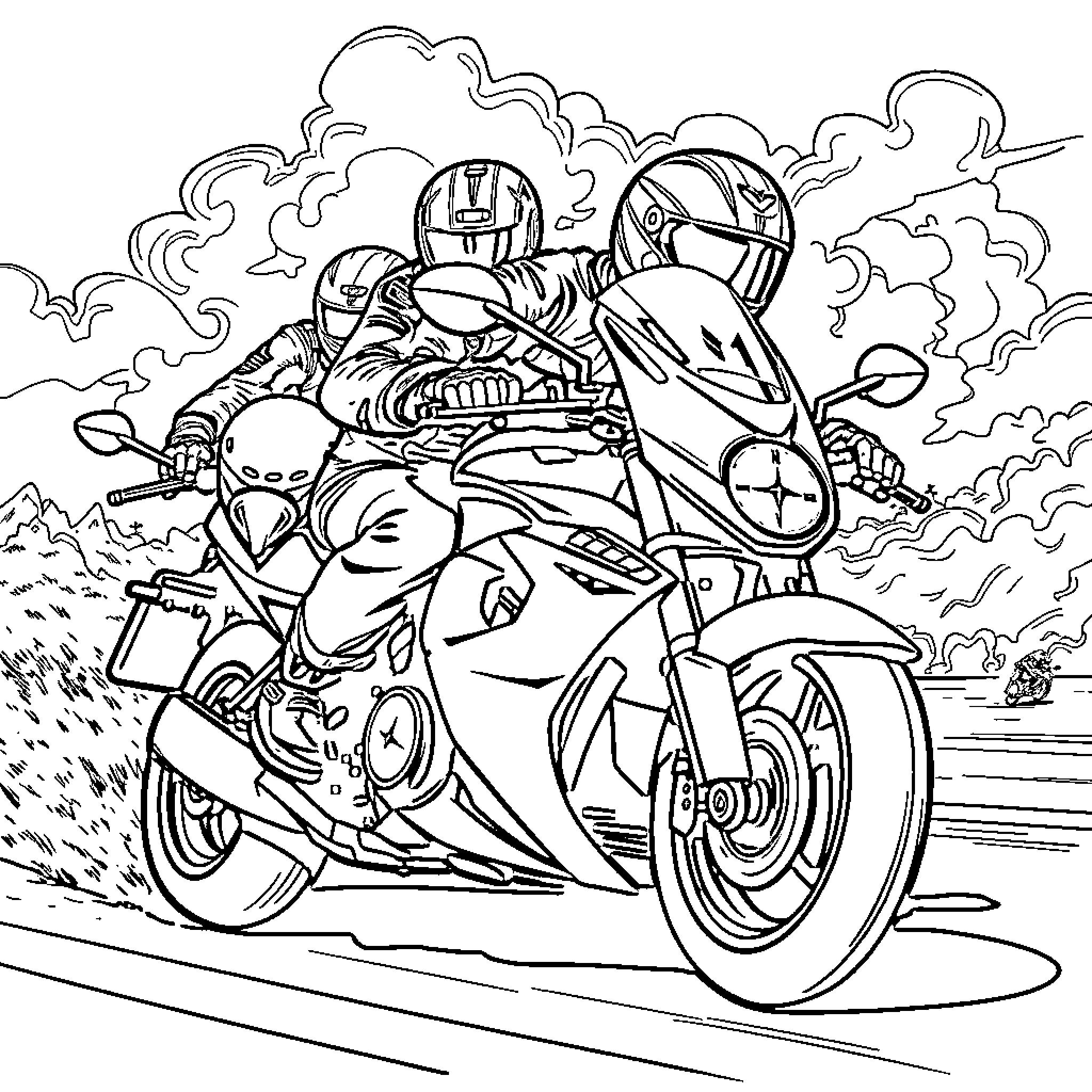 Chase of the Motorcycle Riders Coloring Page (free black-and-white line drawing printable PDF for all, from beginners to advanced learners, including children, teens, adults, and seniors)