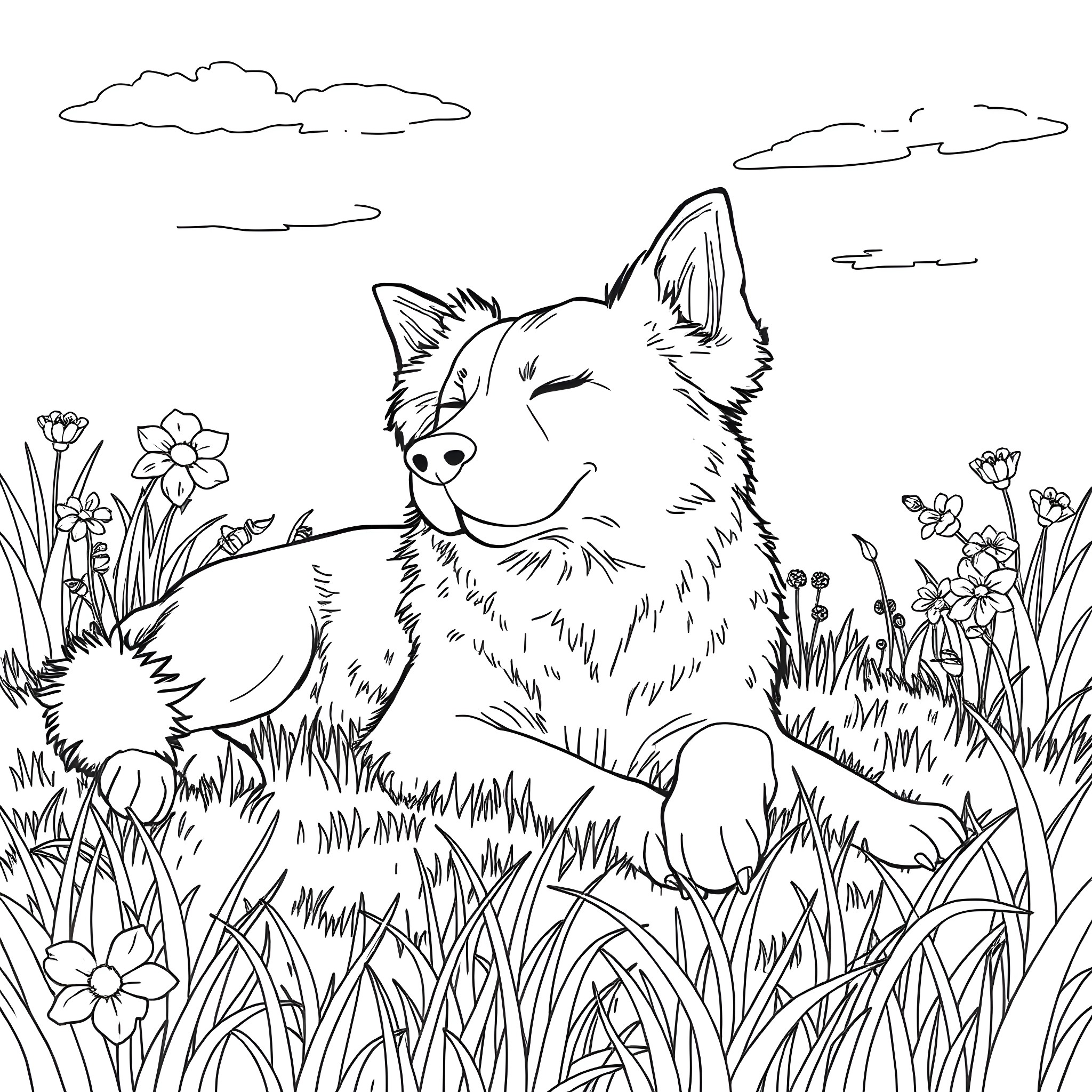 Dog napping peacefully in a lush meadow Coloring Page (free black-and-white line drawing printable PDF for all, from beginners to advanced learners, including children, teens, adults, and seniors)