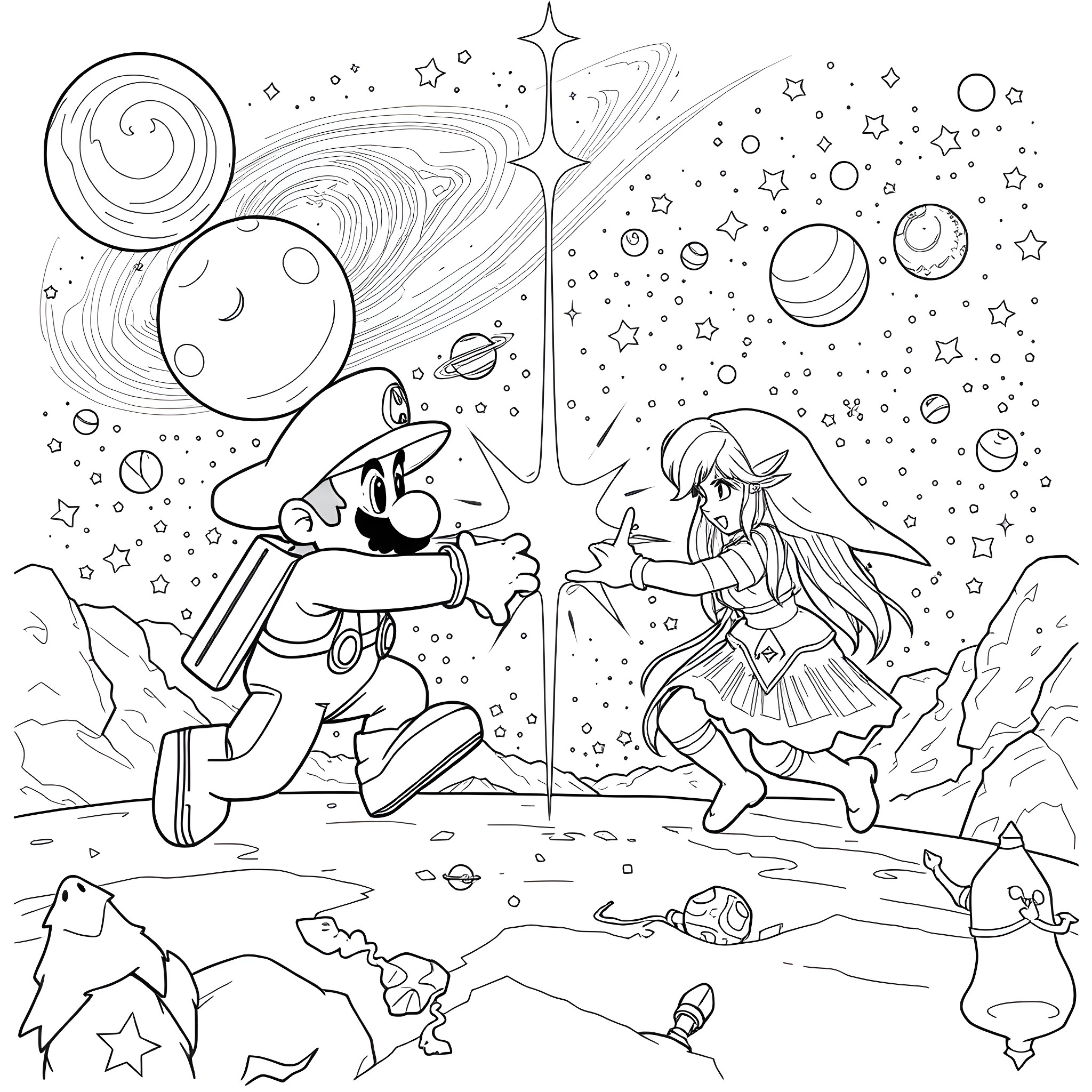 Super Mario's Cosmic Adventure Coloring Page (free black-and-white line drawing printable PDF for all, from beginners to advanced learners, including children, teens, adults, and seniors)