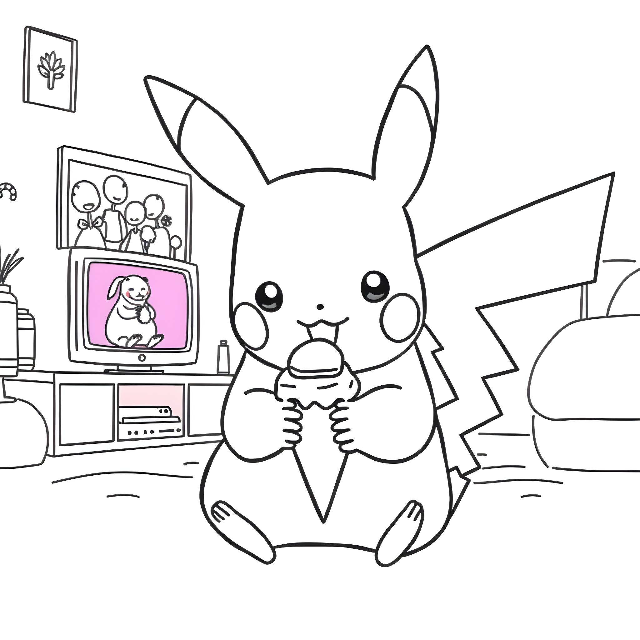 Pikachu playing video games in a cozy room Coloring Page (free black-and-white line drawing printable PDF for all, from beginners to advanced learners, including children, teens, adults, and seniors)