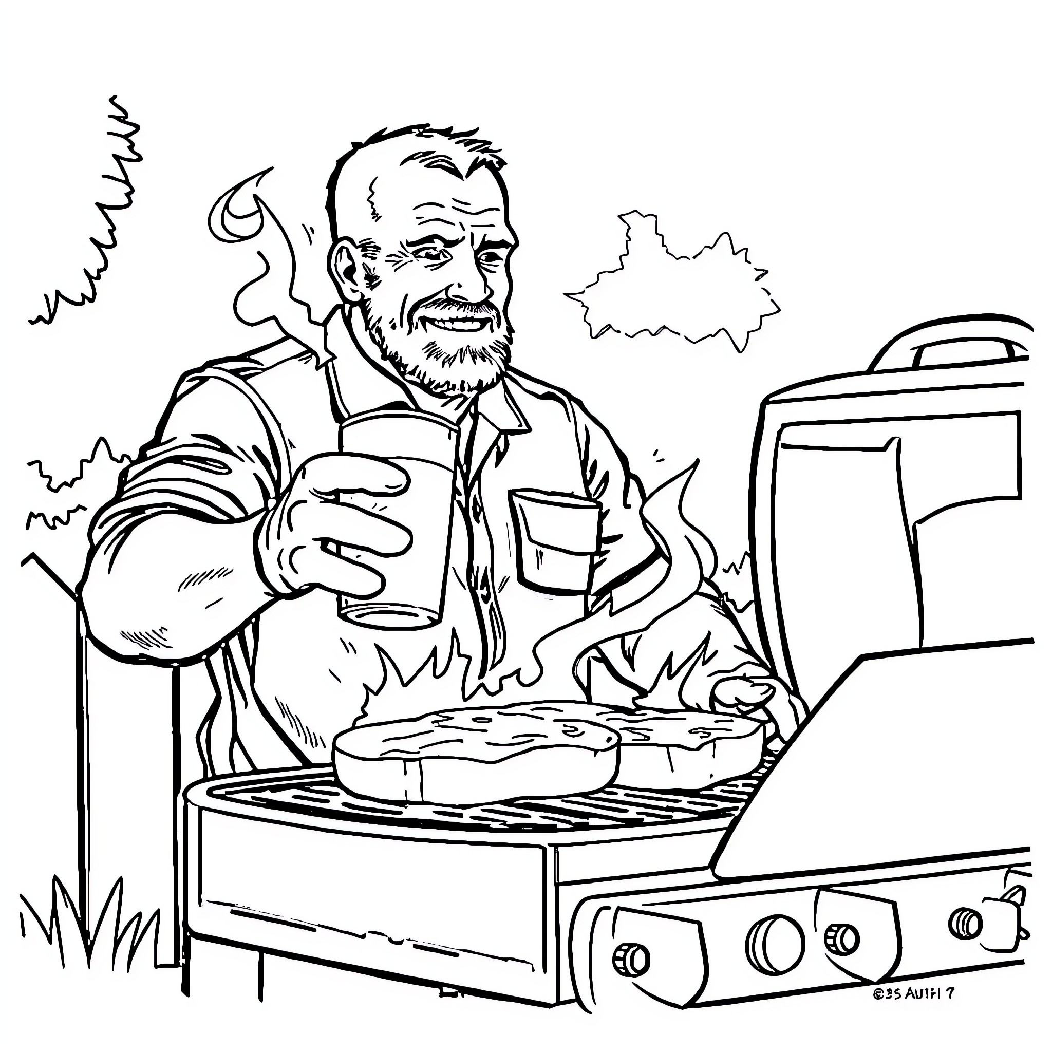 Steve Austin grilling outdoors with a smile Coloring Page (free black-and-white line drawing printable PDF for all, from beginners to advanced learners, including children, teens, adults, and seniors)