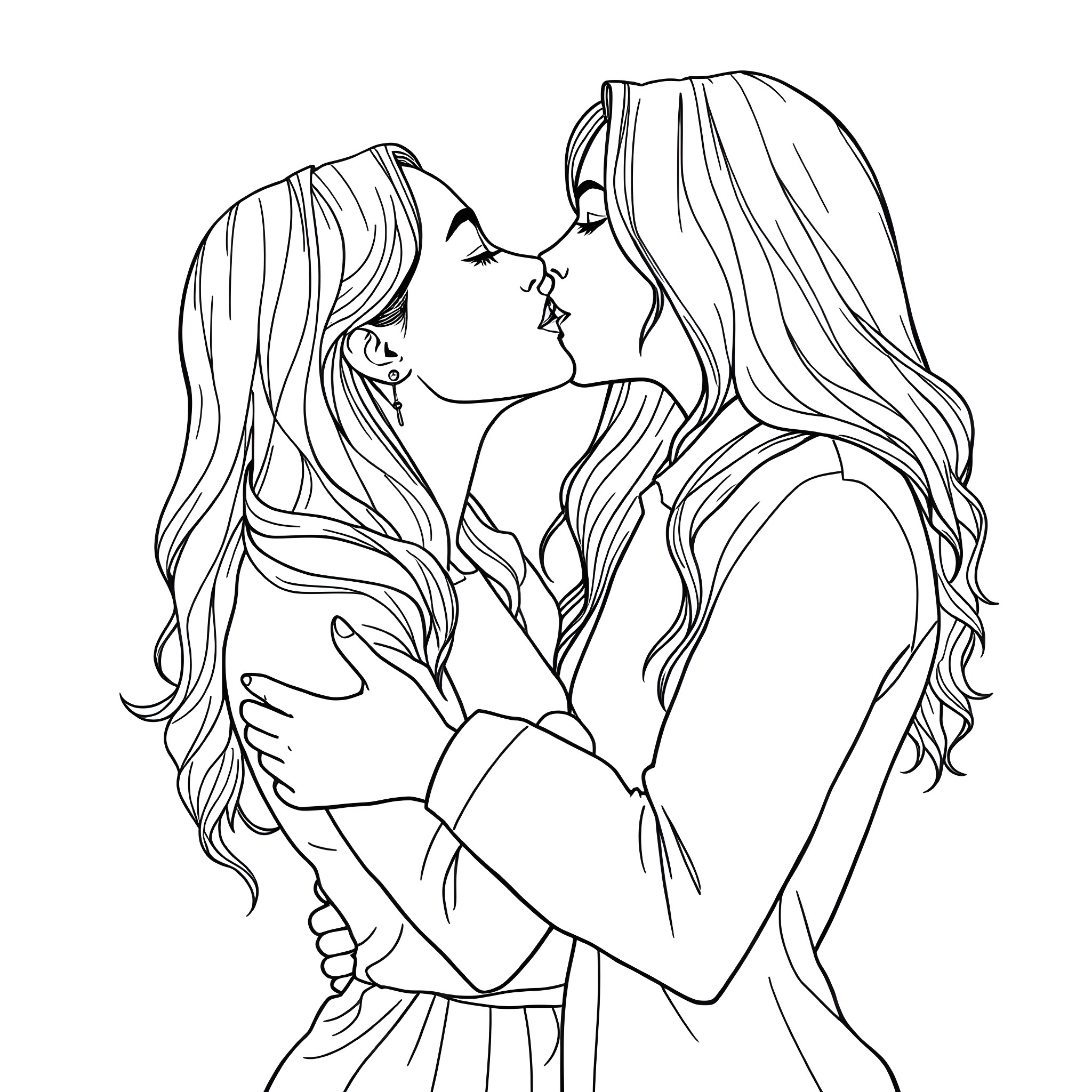 Lesbian couple in tender embrace Coloring Page (free black-and-white line drawing printable PDF for all, from beginners to advanced learners, including children, teens, adults, and seniors)