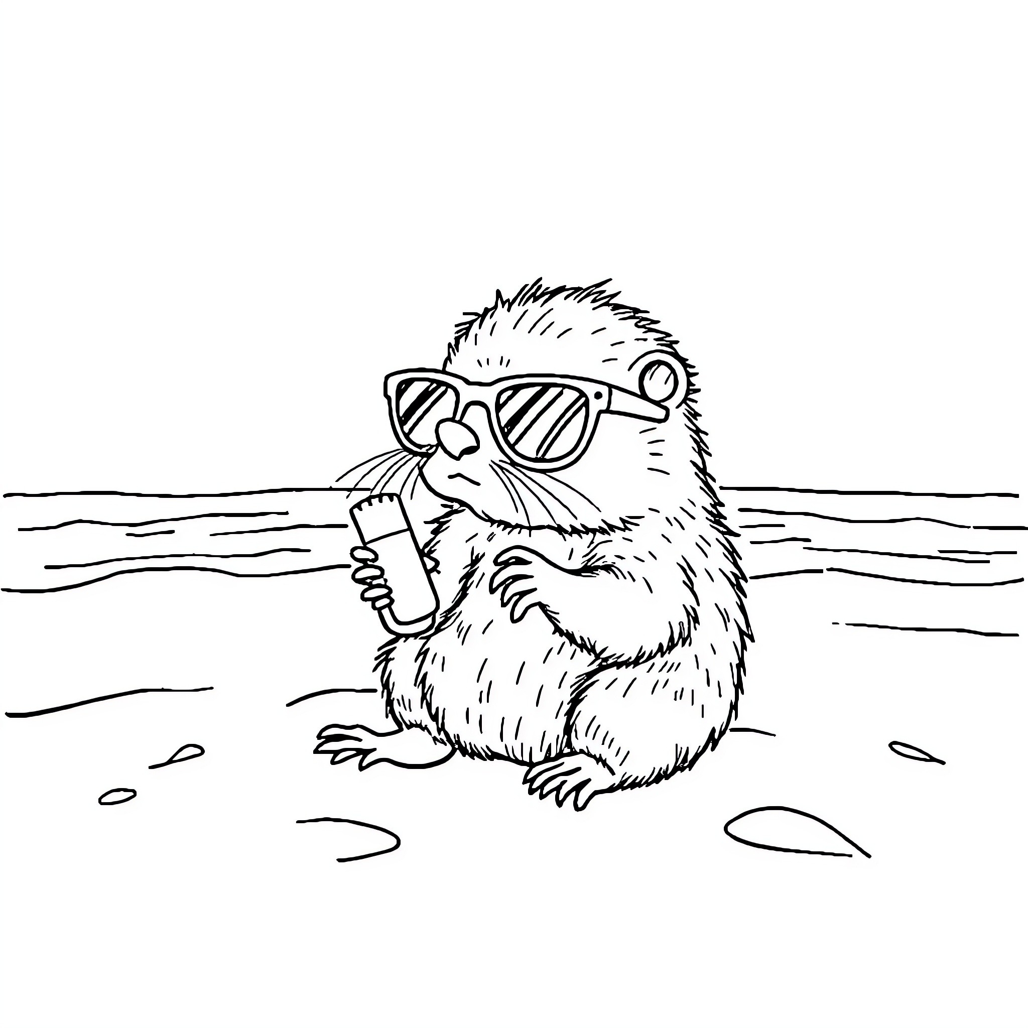 Mole enjoying summer by the beach Coloring Page (free black-and-white line drawing printable PDF for all, from beginners to advanced learners, including children, teens, adults, and seniors)