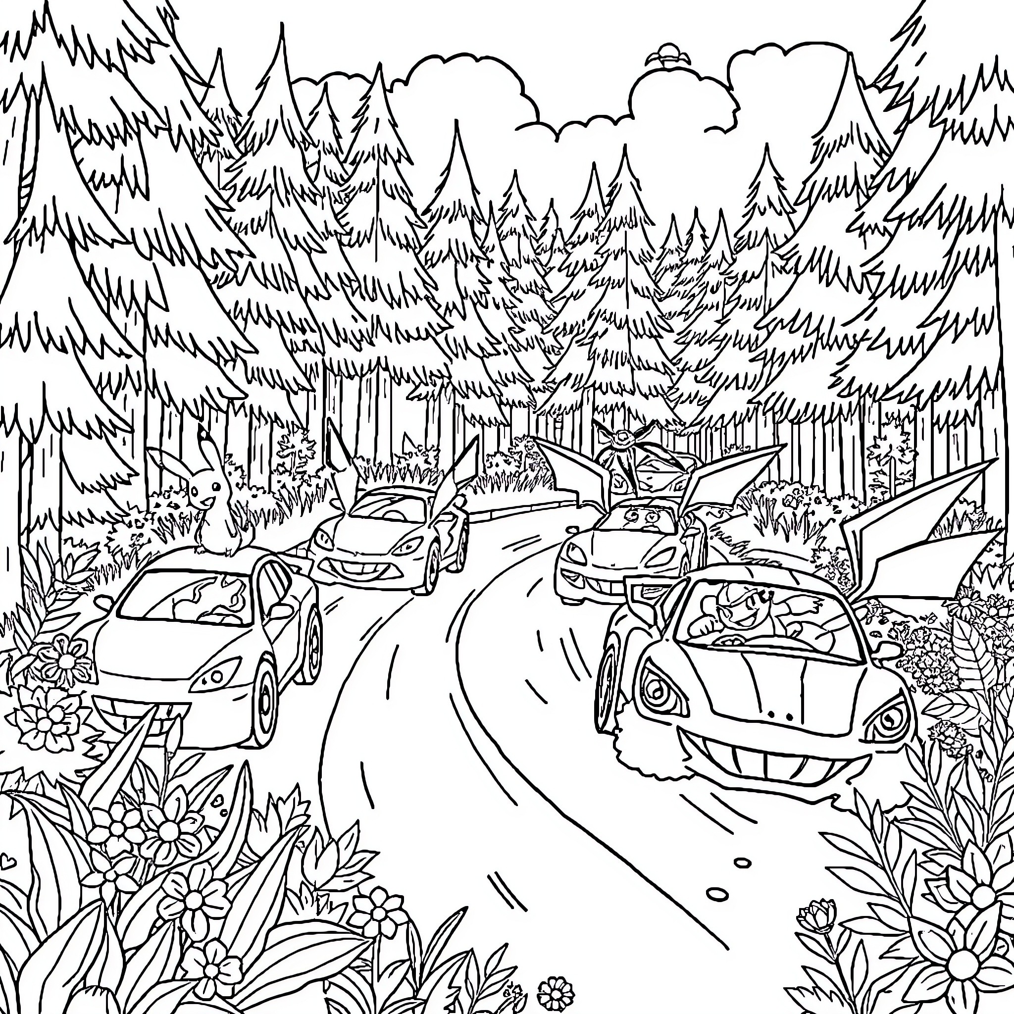 Car Parade through Forested Country Road Coloring Page (free black-and-white line drawing printable PDF for all, from beginners to advanced learners, including children, teens, adults, and seniors)