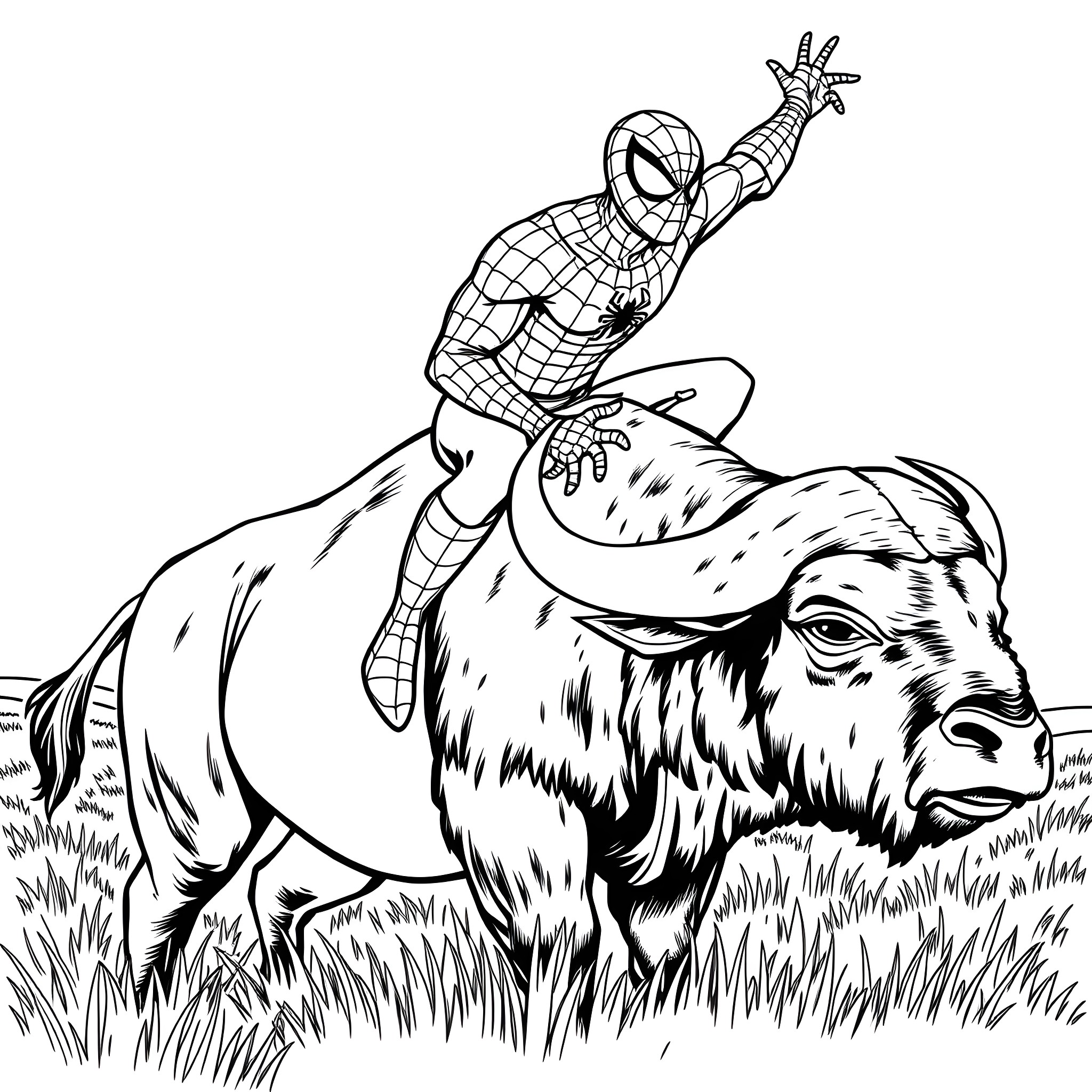 Spiderman climbing on a buffalo in a field Coloring Page (free black-and-white line drawing printable PDF for all, from beginners to advanced learners, including children, teens, adults, and seniors)