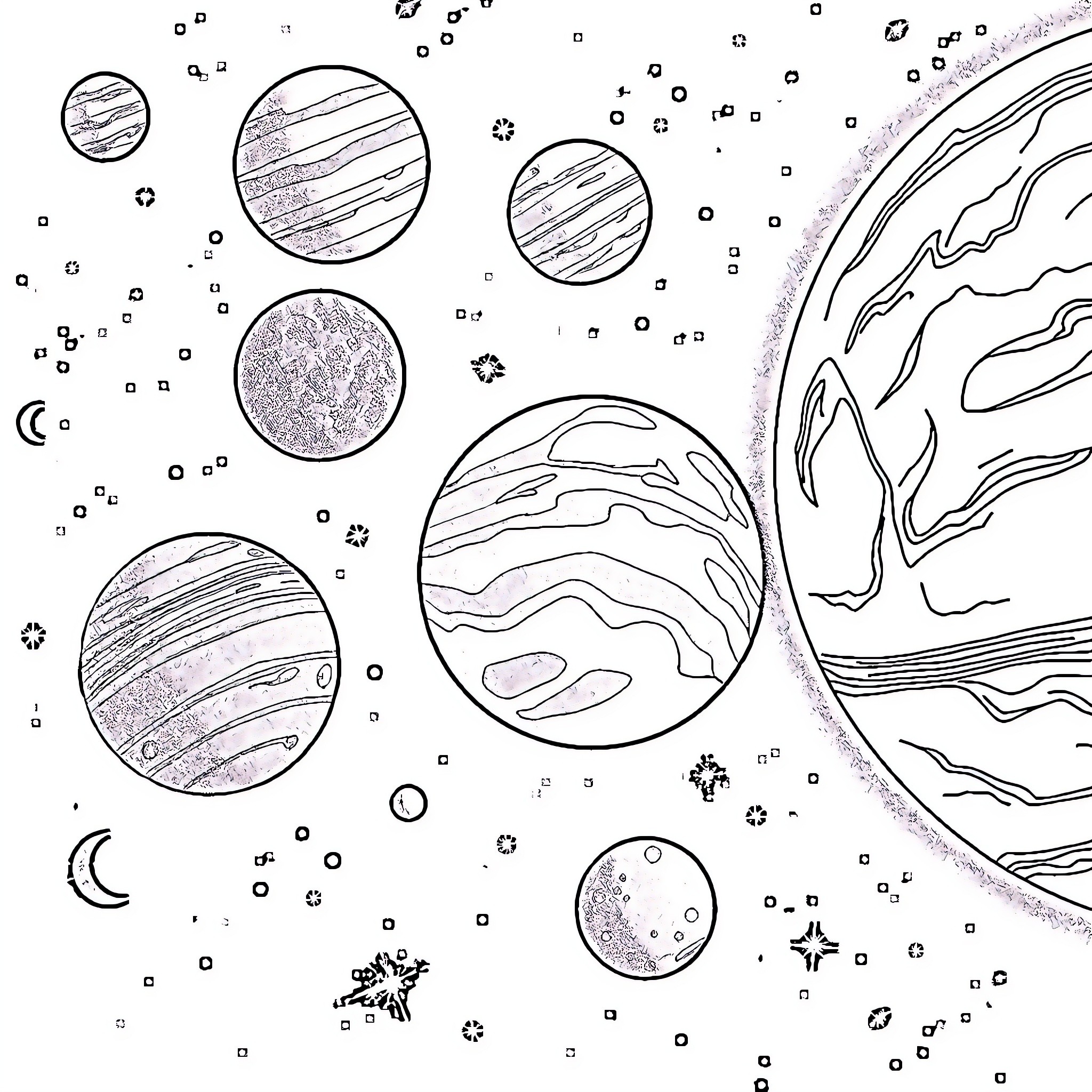 Planet sketches with abstract cosmic elements Coloring Page (free black-and-white line drawing printable PDF for all, from beginners to advanced learners, including children, teens, adults, and seniors)