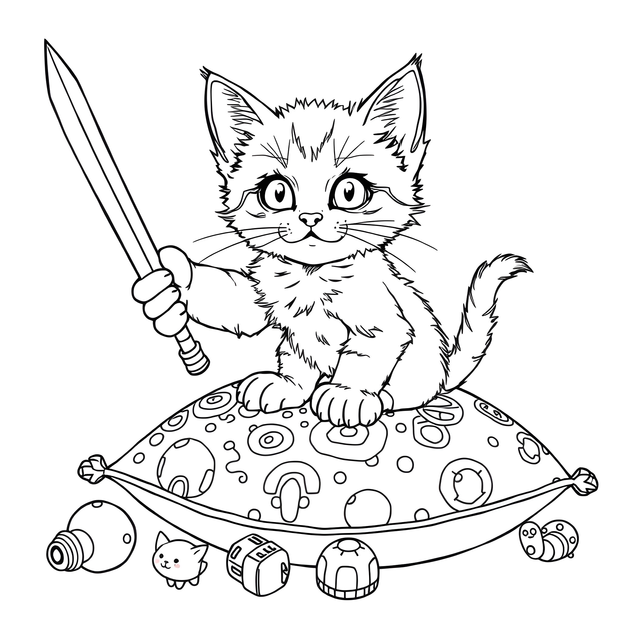 Kitty warrior on a fantastical ship Coloring Page (free black-and-white line drawing printable PDF for all, from beginners to advanced learners, including children, teens, adults, and seniors)