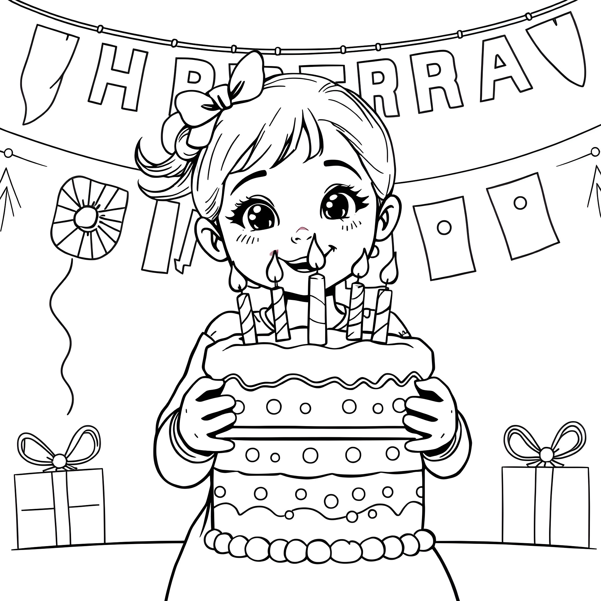 Birthday celebration with a smiling child and cake Coloring Page (free black-and-white line drawing printable PDF for all, from beginners to advanced learners, including children, teens, adults, and seniors)