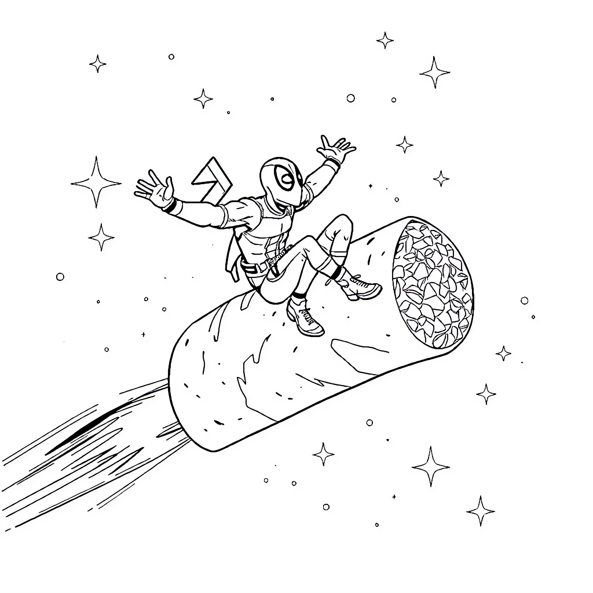 Deadpool's Cosmic Adventure on a Comet Coloring Page (free black-and-white line drawing printable PDF for all, from beginners to advanced learners, including children, teens, adults, and seniors)