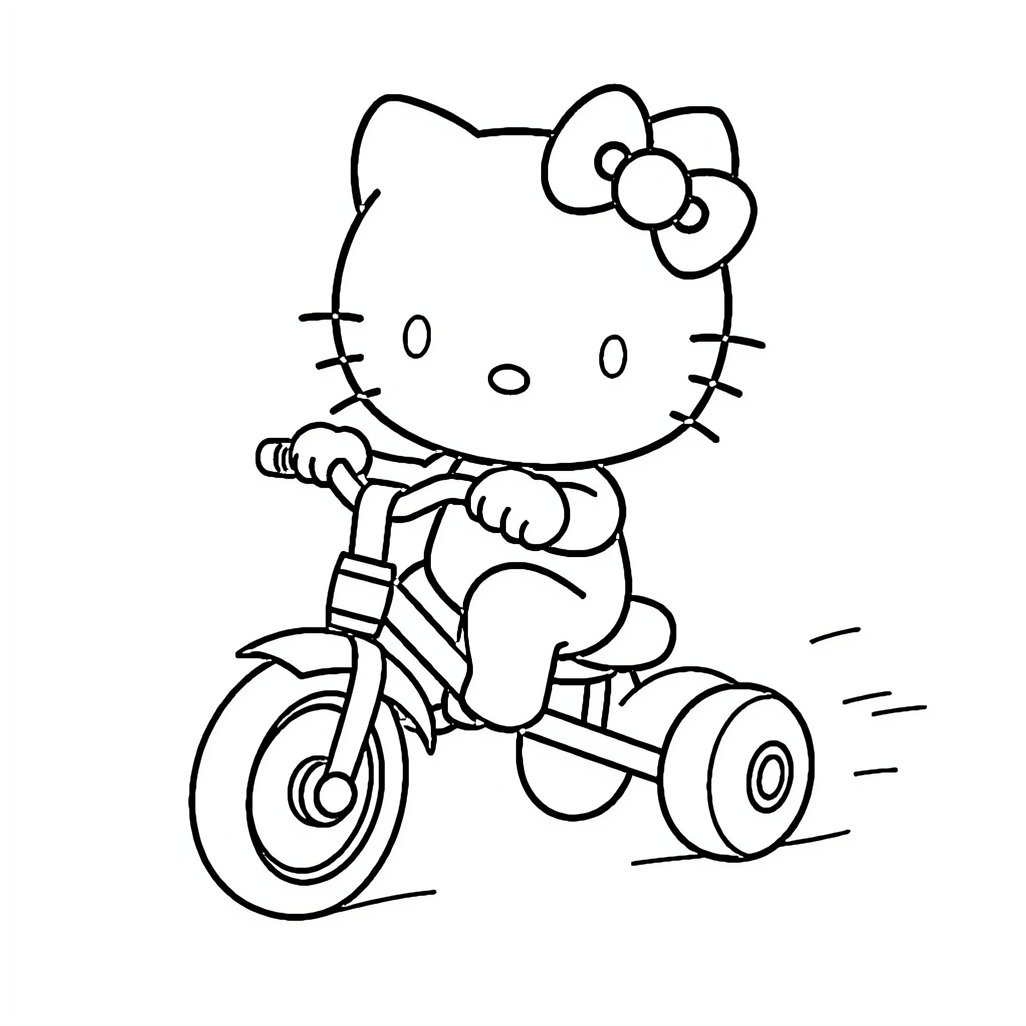 Hello Kitty riding a tricycle happily Coloring Page (free black-and-white line drawing printable PDF for all, from beginners to advanced learners, including children, teens, adults, and seniors)