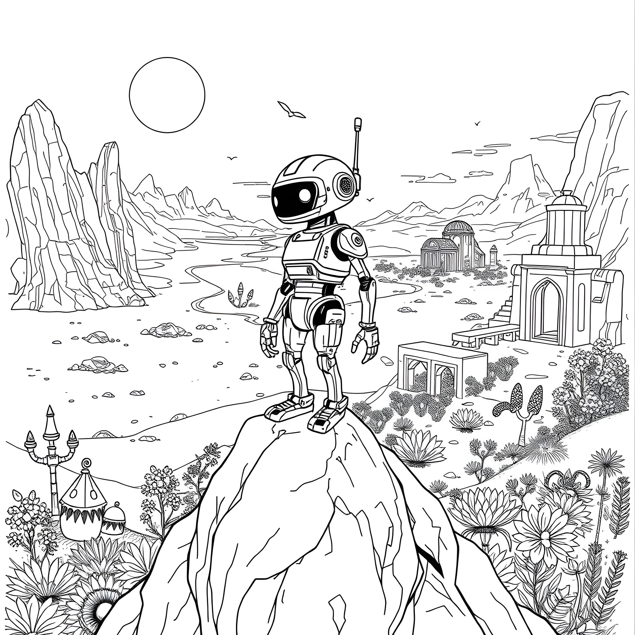 BD-1 exploring an alien landscape Coloring Page (free black-and-white line drawing printable PDF for all, from beginners to advanced learners, including children, teens, adults, and seniors)