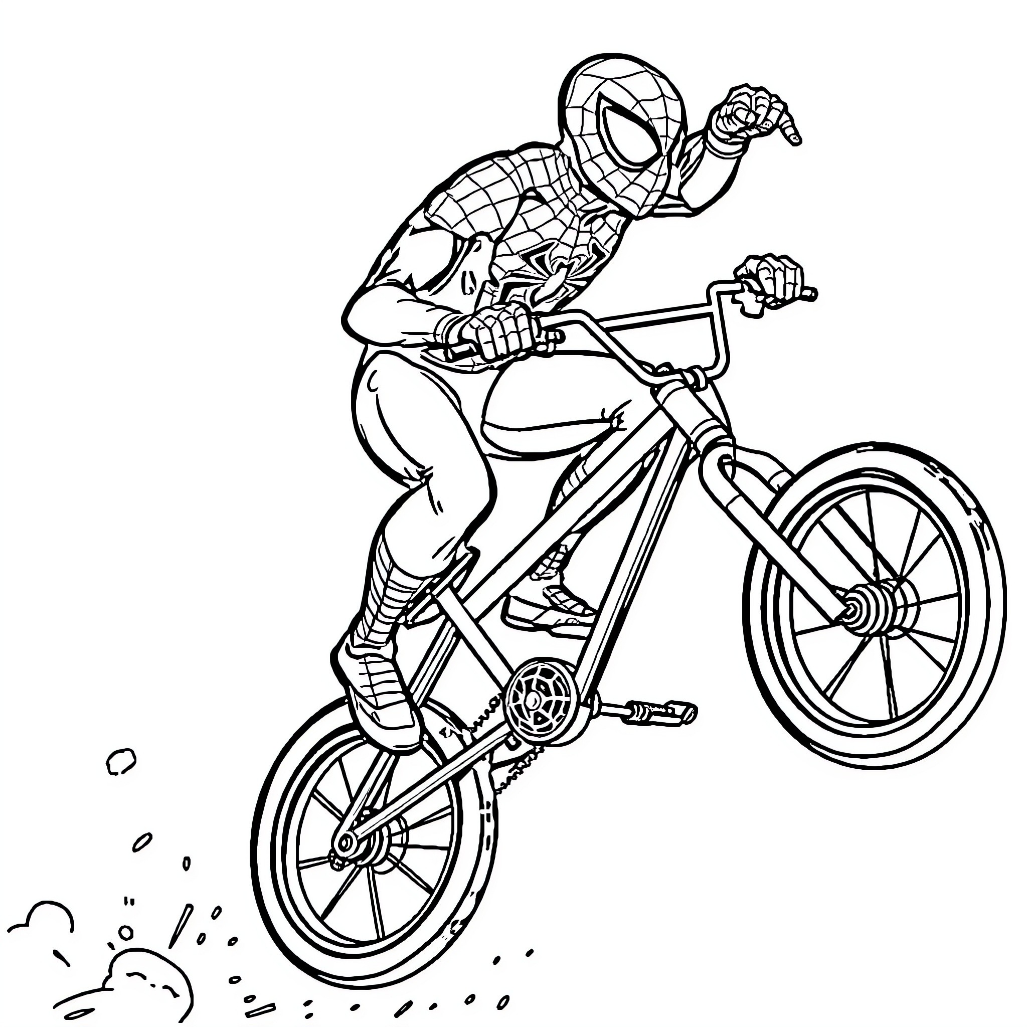 Spider-Man riding a bicycle with excitement Coloring Page (free black-and-white line drawing printable PDF for all, from beginners to advanced learners, including children, teens, adults, and seniors)