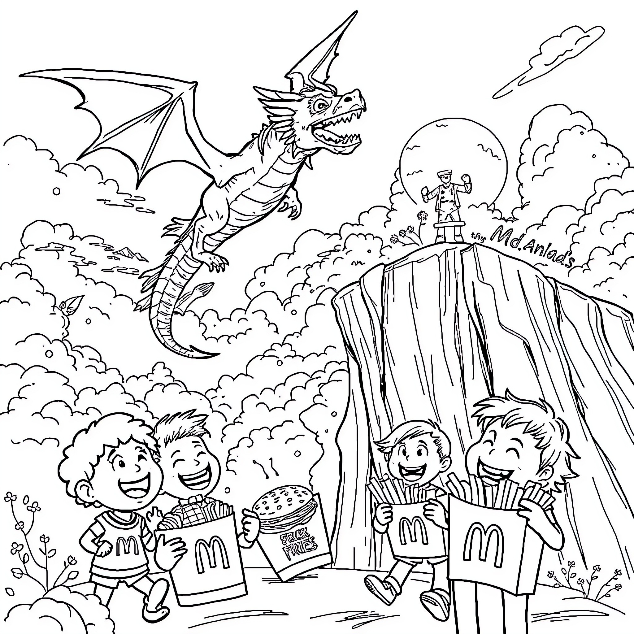 Dragon soaring over cheerful children in an adventure scene Coloring Page (free black-and-white line drawing printable PDF for all, from beginners to advanced learners, including children, teens, adults, and seniors)