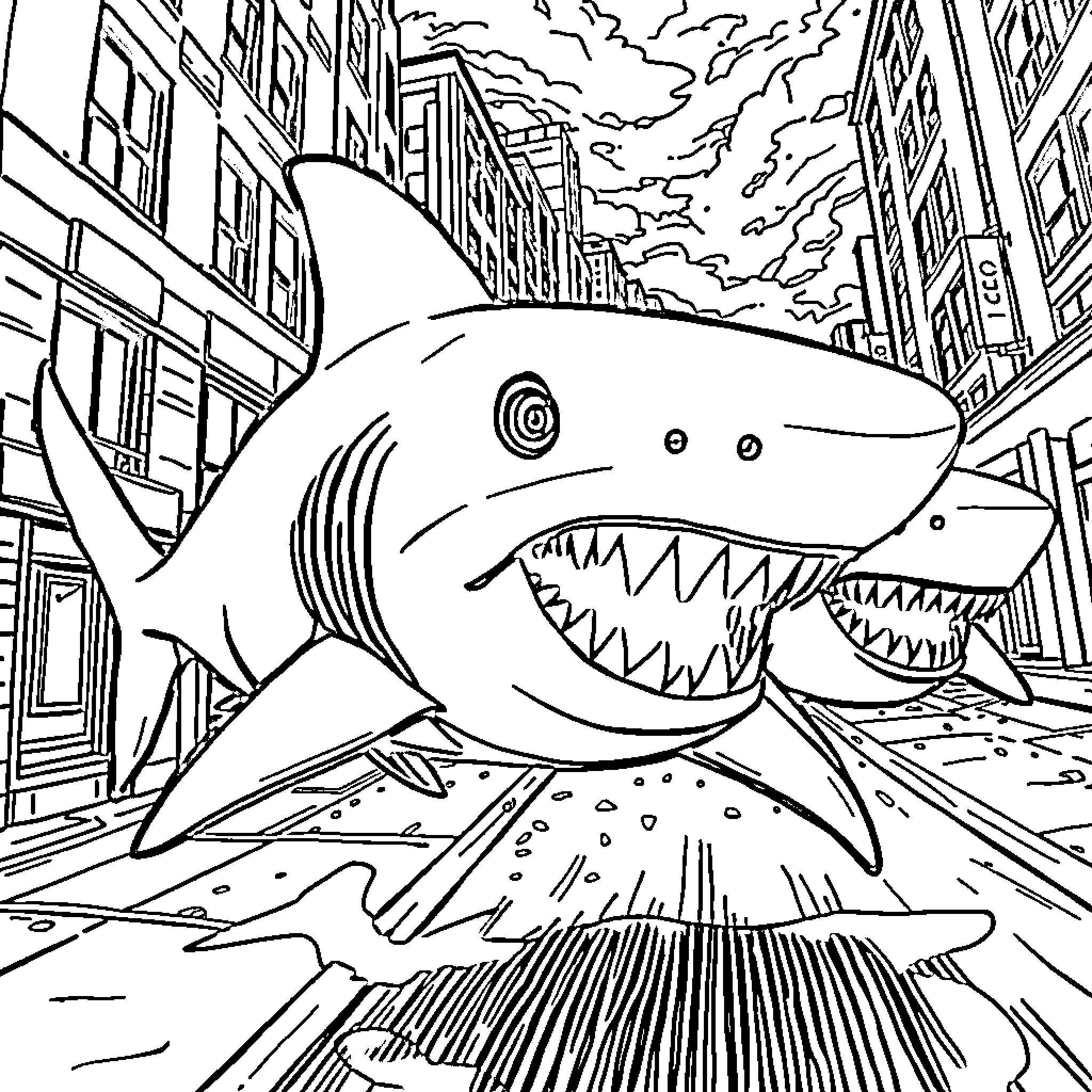 Street Shark swimming through the urban city streets Coloring Page (free black-and-white line drawing printable PDF for all, from beginners to advanced learners, including children, teens, adults, and seniors)