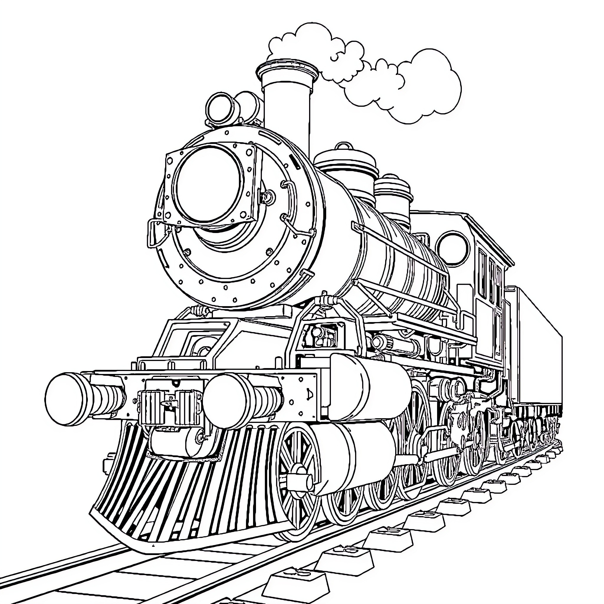 Locomotive steaming along the tracks Coloring Page (free black-and-white line drawing printable PDF for all, from beginners to advanced learners, including children, teens, adults, and seniors)