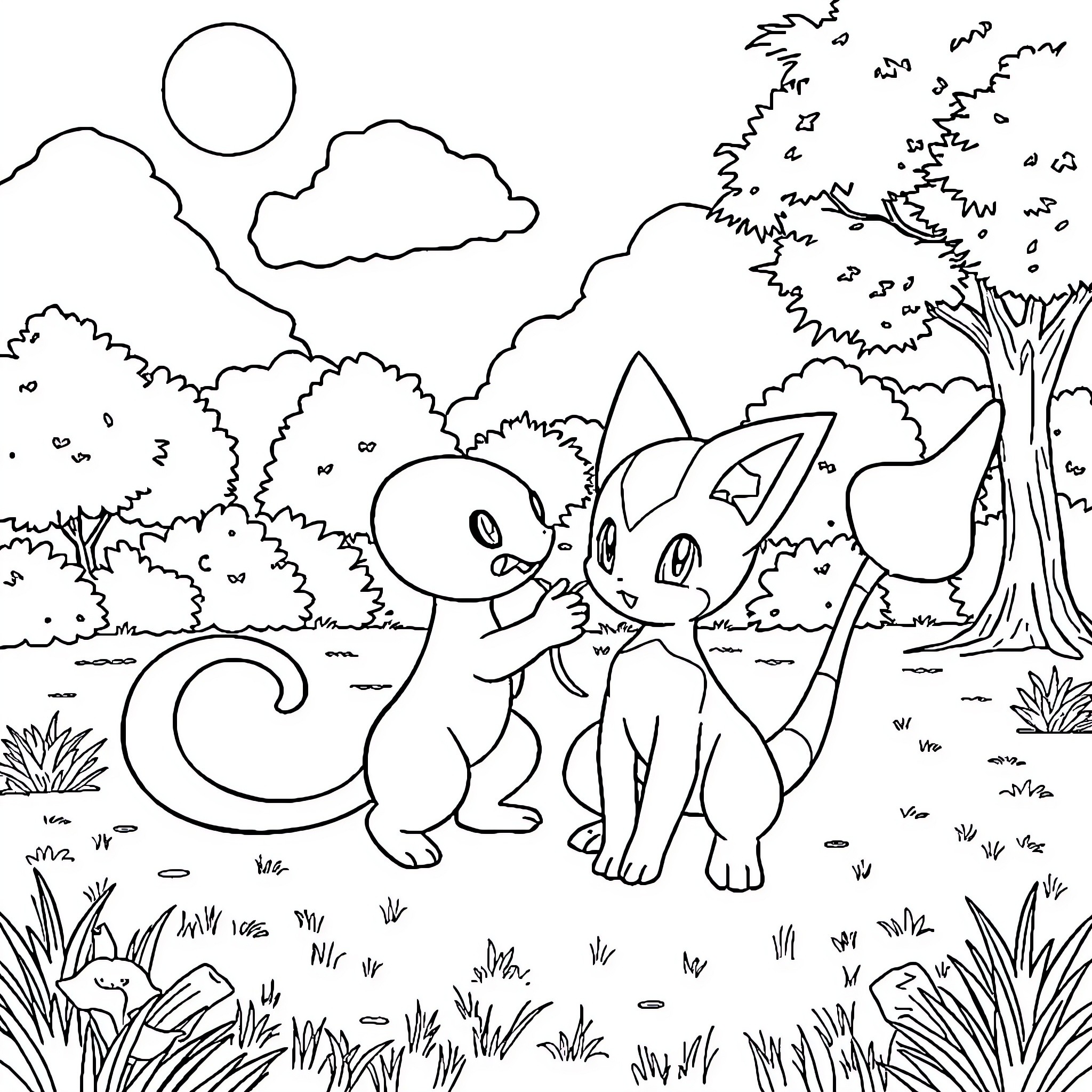 Mew Cats Playing in the Forest Coloring Page (free black-and-white line drawing printable PDF for all, from beginners to advanced learners, including children, teens, adults, and seniors)