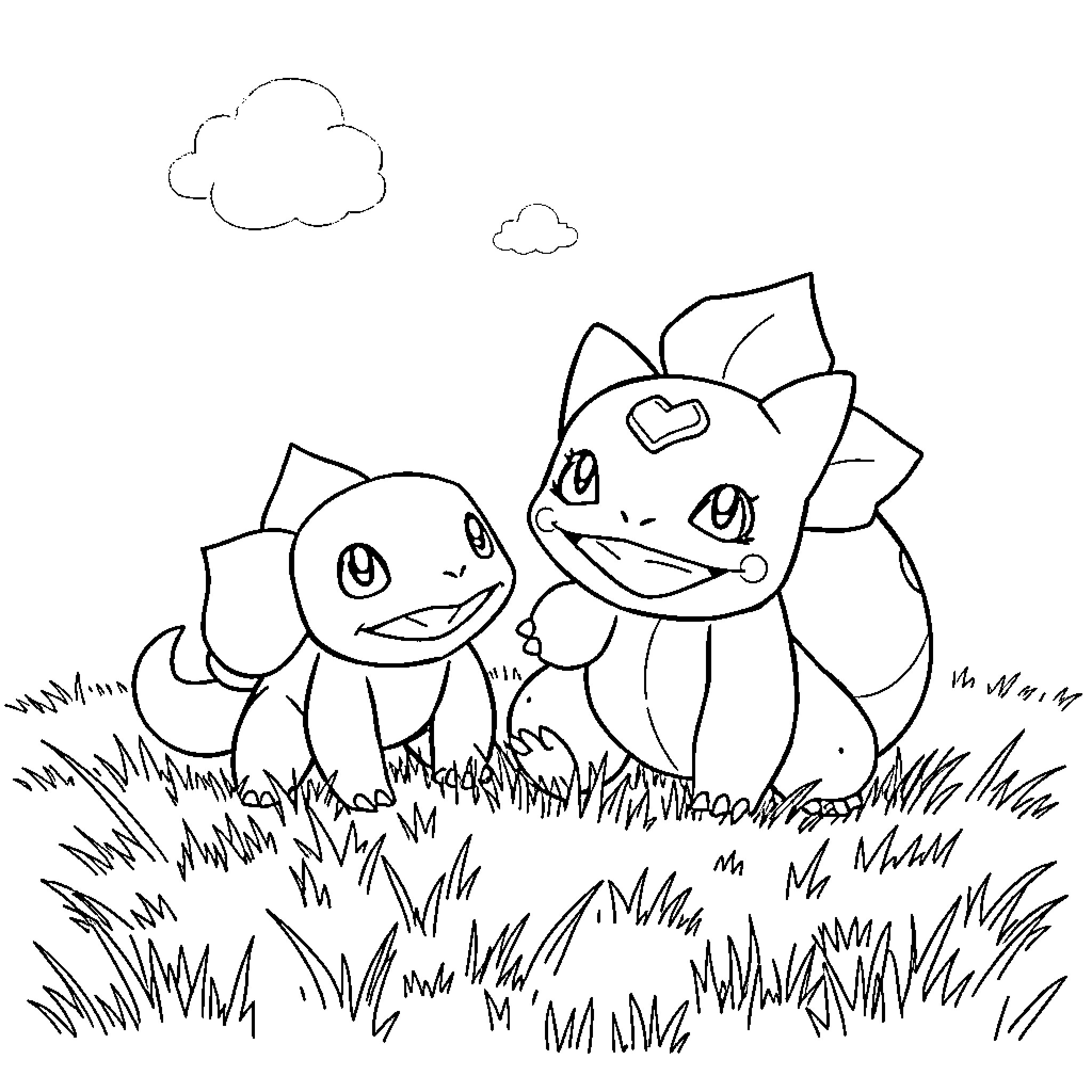 Bulbasaur friends playing in the grass Coloring Page (free black-and-white line drawing printable PDF for all, from beginners to advanced learners, including children, teens, adults, and seniors)