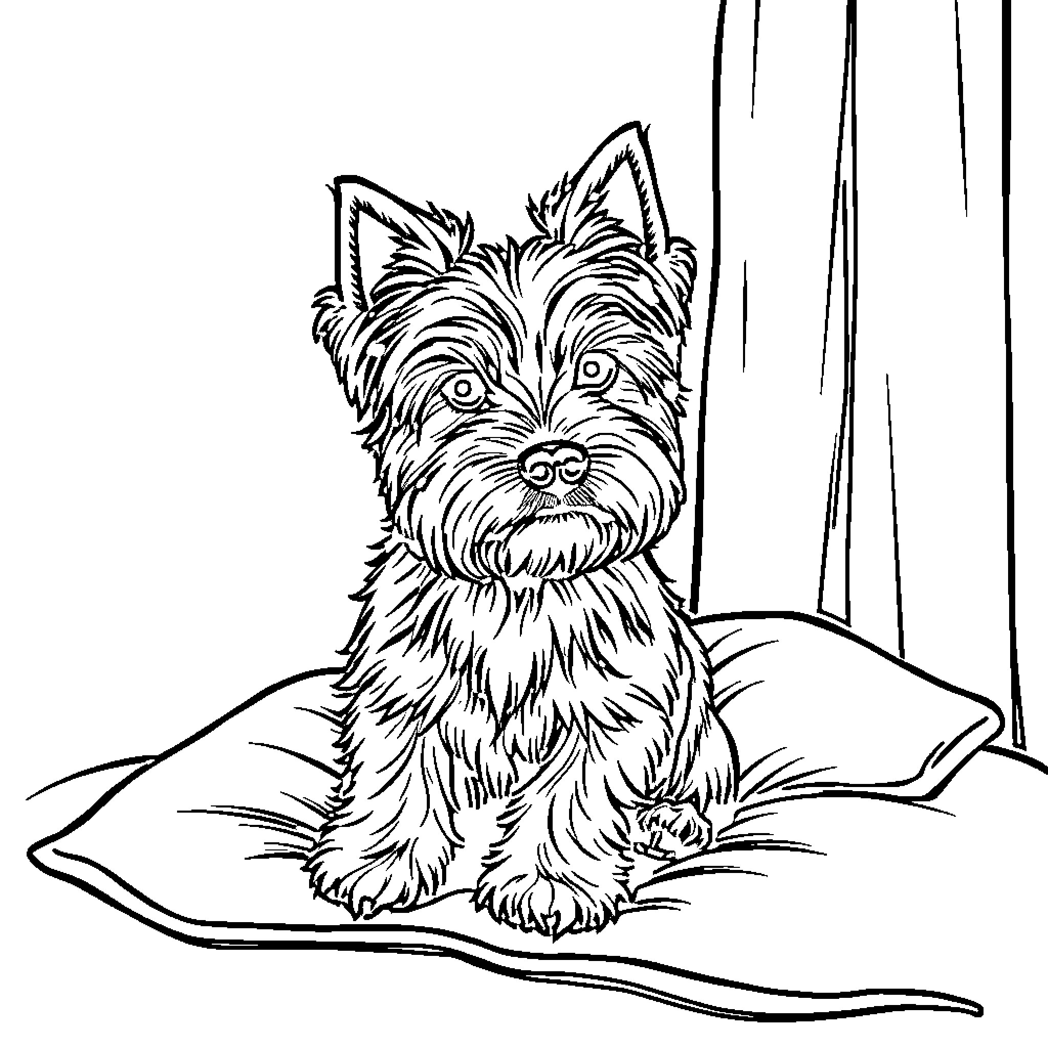 Yorkshire Terrier resting on a cushion Coloring Page (free black-and-white line drawing printable PDF for all, from beginners to advanced learners, including children, teens, adults, and seniors)