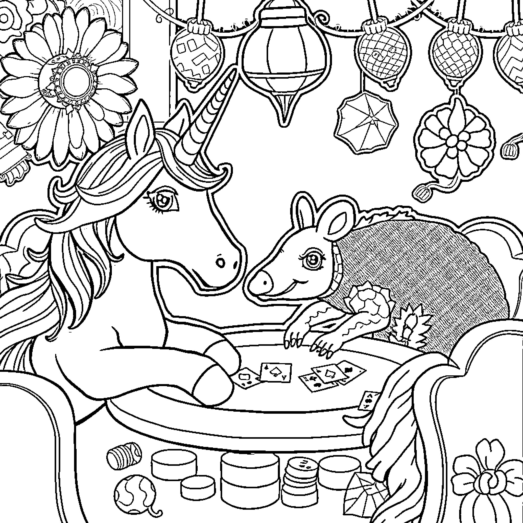Unicorn and Armadillo Celebrate Festive Holidays Coloring Page (free black-and-white line drawing printable PDF for all, from beginners to advanced learners, including children, teens, adults, and seniors)