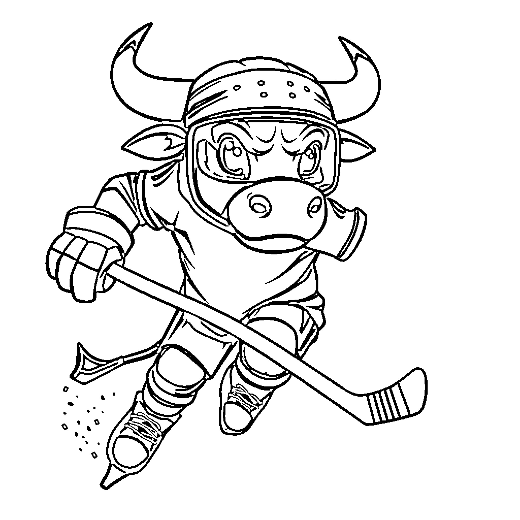 Bull wielding a hockey stick in action Coloring Page (free black-and-white line drawing printable PDF for all, from beginners to advanced learners, including children, teens, adults, and seniors)