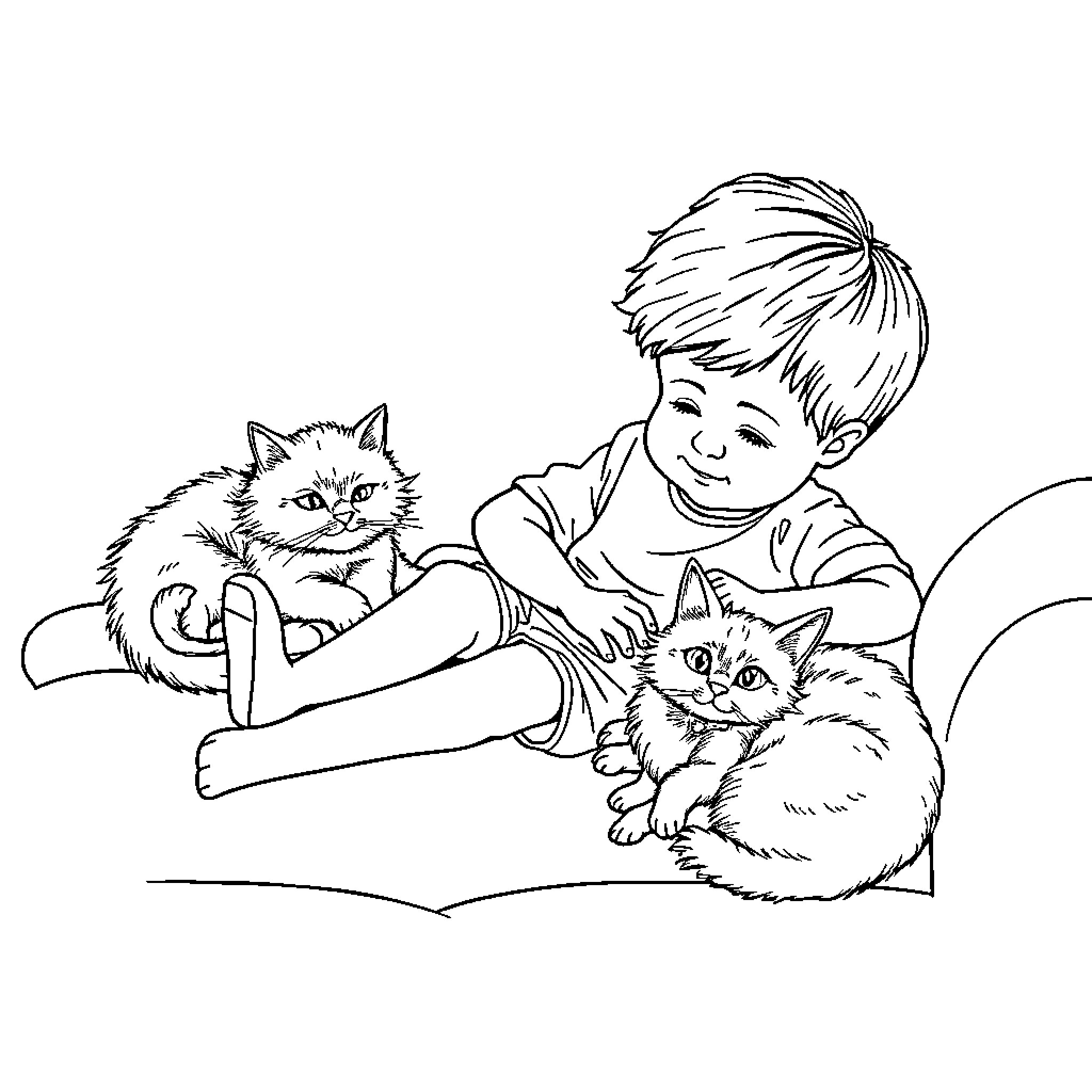 Boy playing with fluffy kittens at home Coloring Page (free black-and-white line drawing printable PDF for all, from beginners to advanced learners, including children, teens, adults, and seniors)