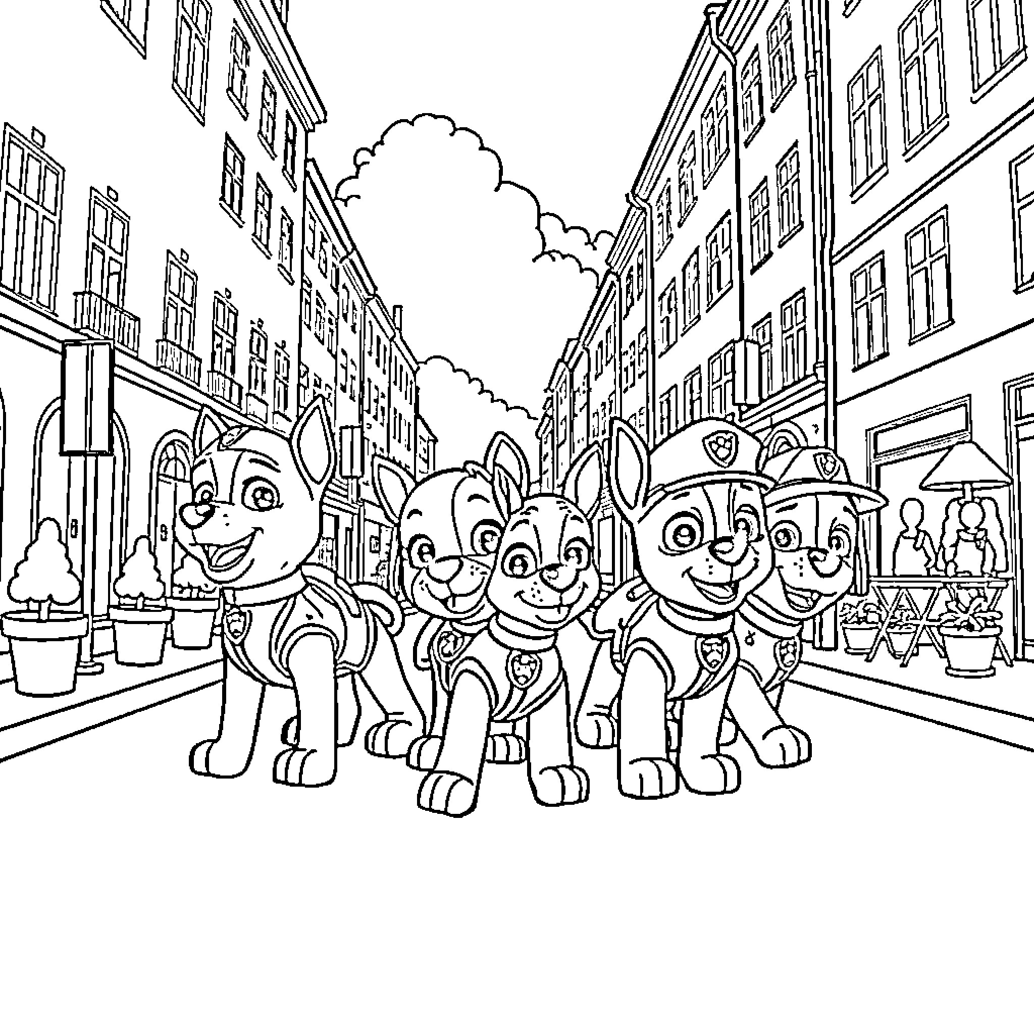Paw Patrol characters in a city street scene Coloring Page (free black-and-white line drawing printable PDF for all, from beginners to advanced learners, including children, teens, adults, and seniors)