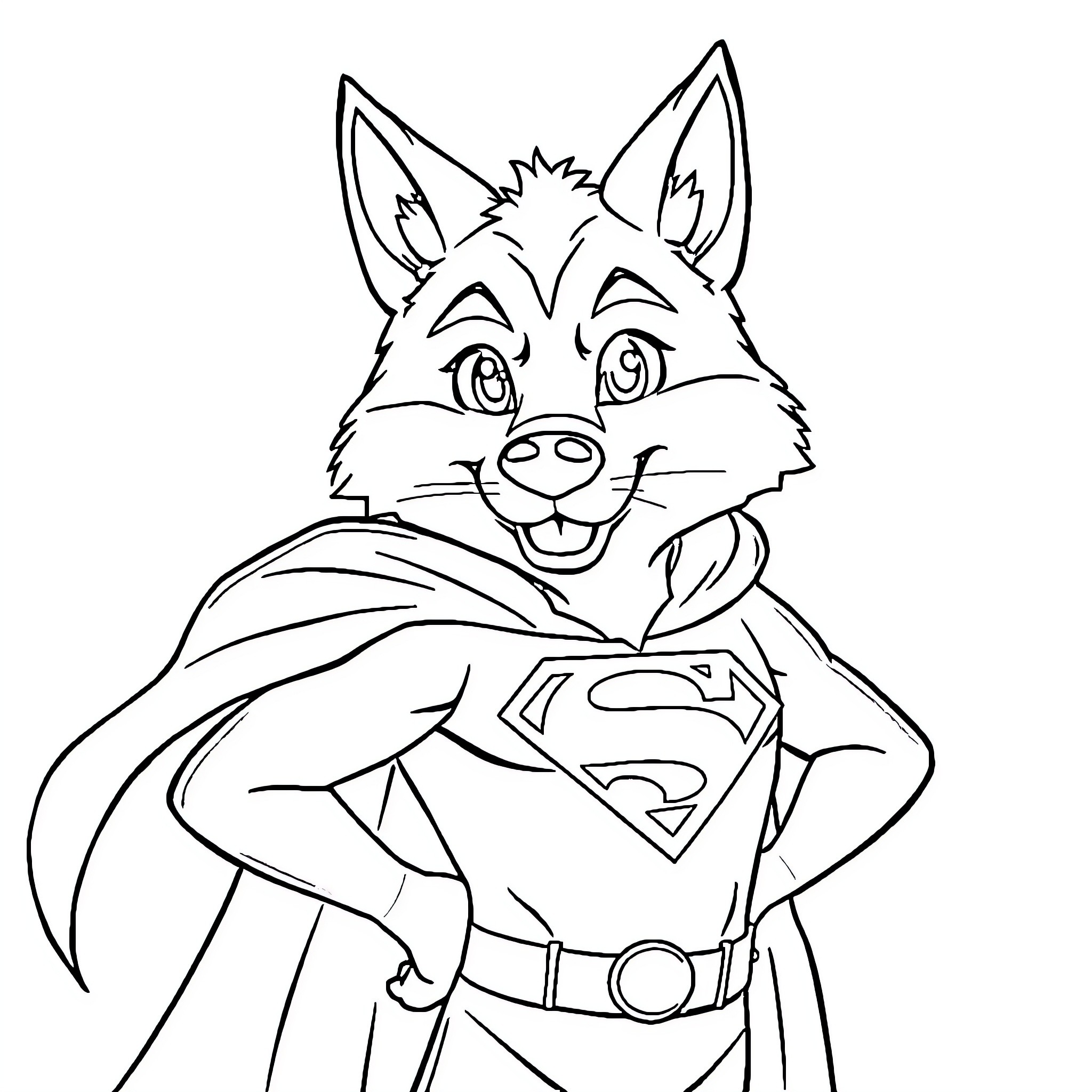 Wolf superhero with cape and symbol Coloring Page (free black-and-white line drawing printable PDF for all, from beginners to advanced learners, including children, teens, adults, and seniors)