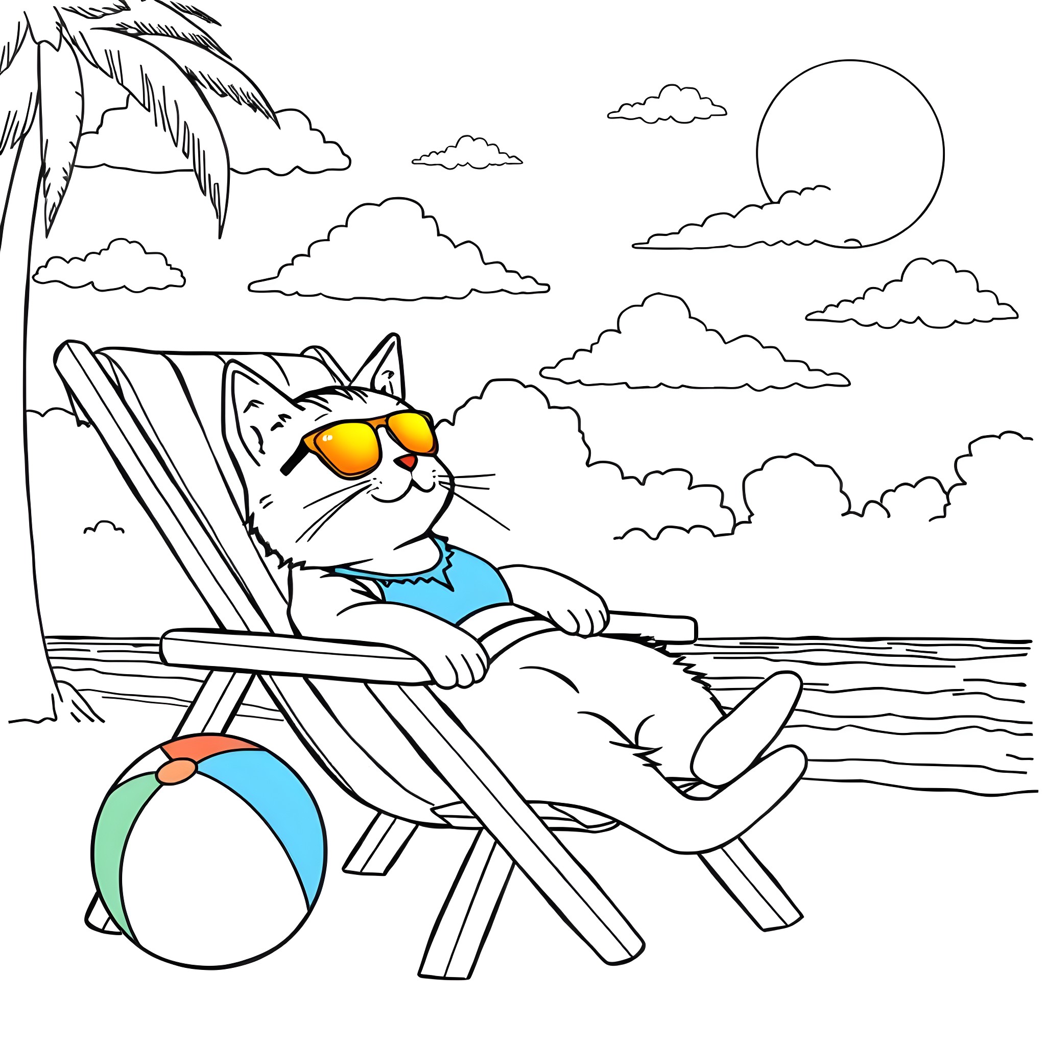 Cat relaxing on beach chair with sunglasses Coloring Page (free black-and-white line drawing printable PDF for all, from beginners to advanced learners, including children, teens, adults, and seniors)