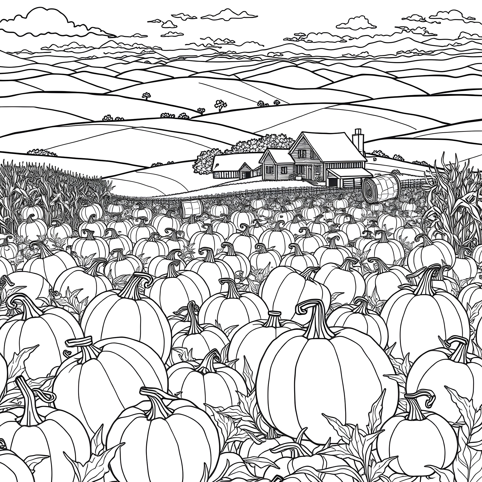 Pumpkin Patch in Autumn Landscape Coloring Page (free black-and-white line drawing printable PDF for all, from beginners to advanced learners, including children, teens, adults, and seniors)