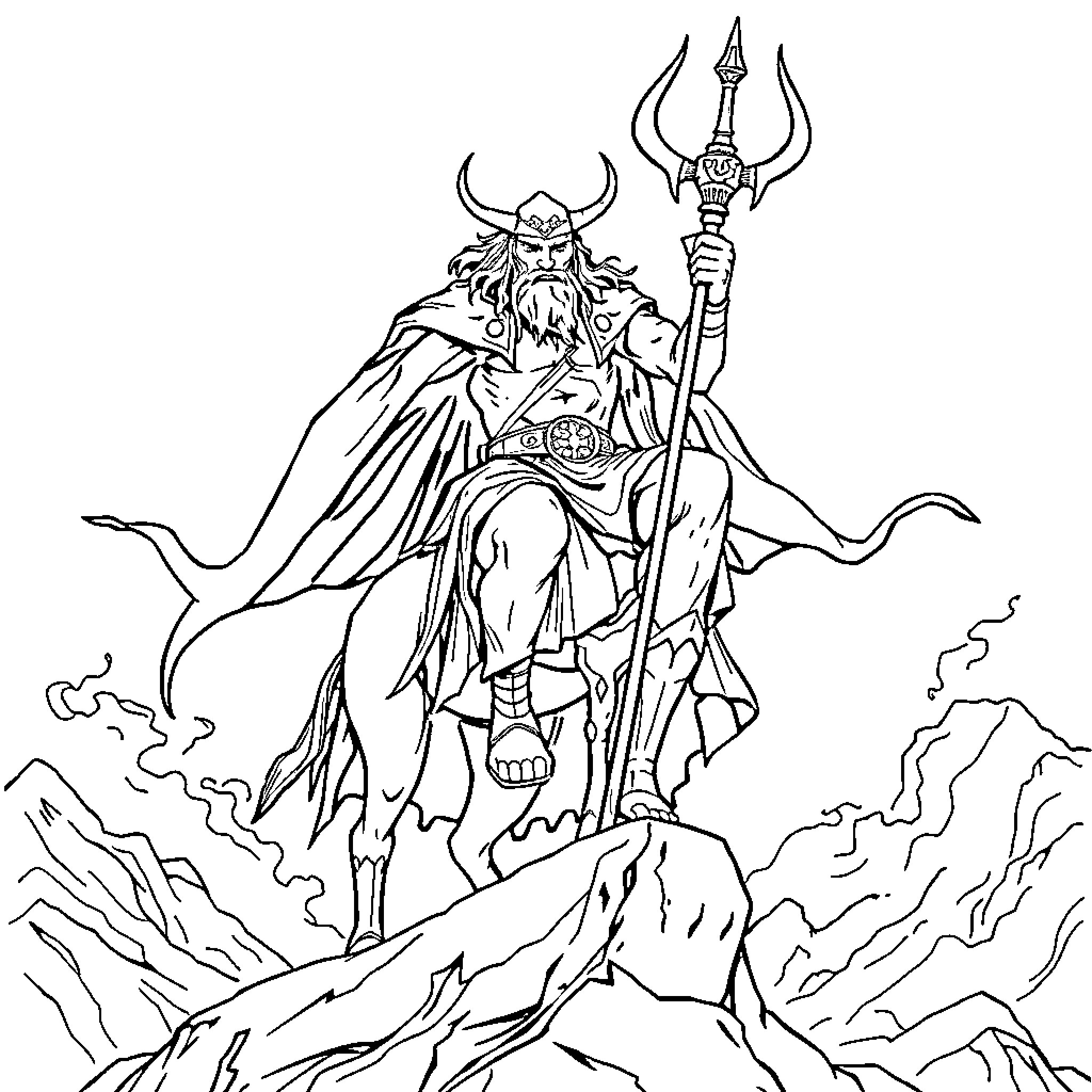 Loki, the Mighty God of Mischief, Stands Tall on the Mountainous Terrain Coloring Page (free black-and-white line drawing printable PDF for all, from beginners to advanced learners, including children, teens, adults, and seniors)