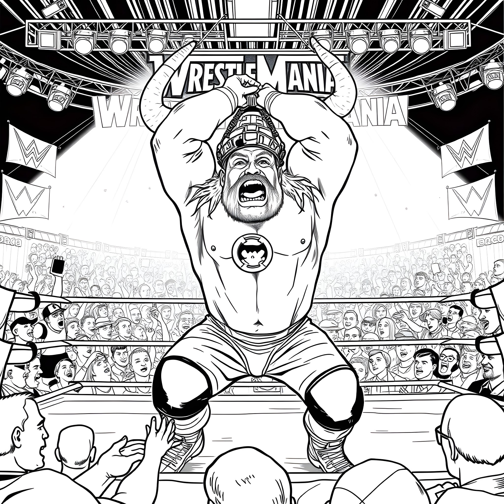 Hulk Hogan's Intense Wrestling Performance in the Ring Coloring Page (free black-and-white line drawing printable PDF for all, from beginners to advanced learners, including children, teens, adults, and seniors)