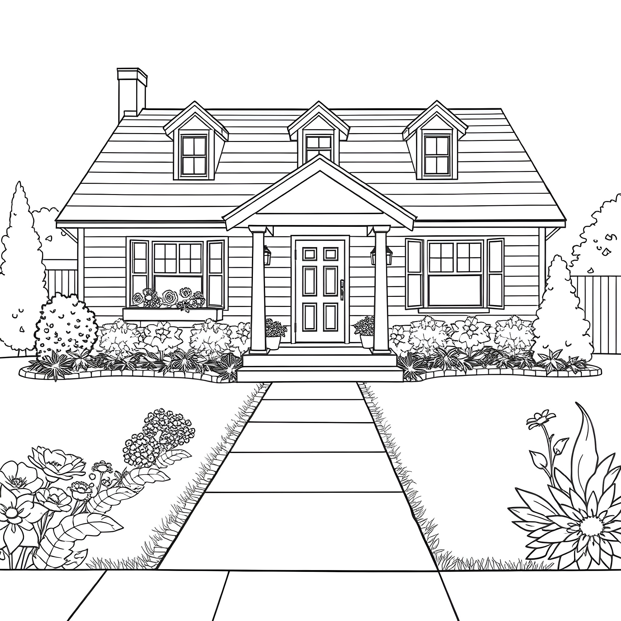 House with front door and landscaping Coloring Page (free black-and-white line drawing printable PDF for all, from beginners to advanced learners, including children, teens, adults, and seniors)