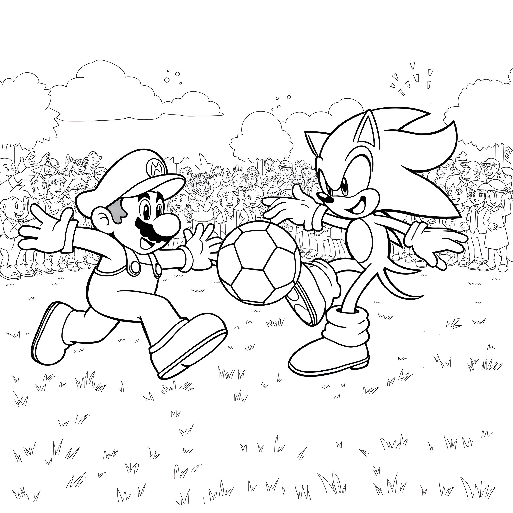Mario and Sonic playing soccer on the field Coloring Page (free black-and-white line drawing printable PDF for all, from beginners to advanced learners, including children, teens, adults, and seniors)