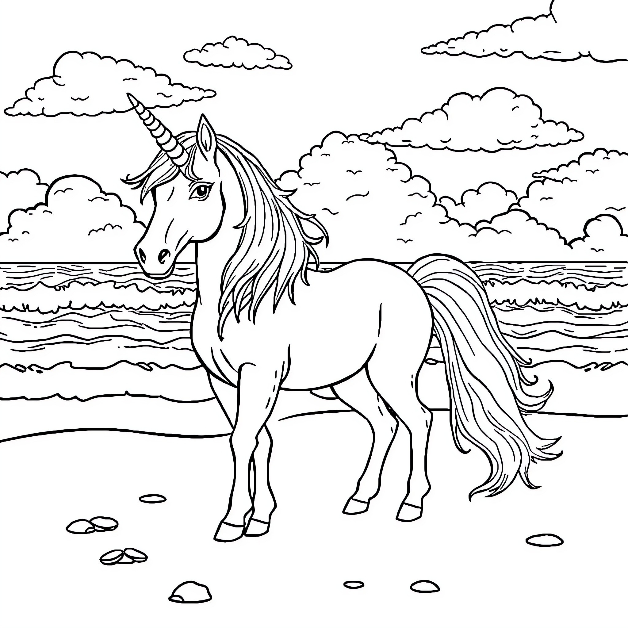 Unicorn standing majestically by the seashore Coloring Page (free black-and-white line drawing printable PDF for all, from beginners to advanced learners, including children, teens, adults, and seniors)