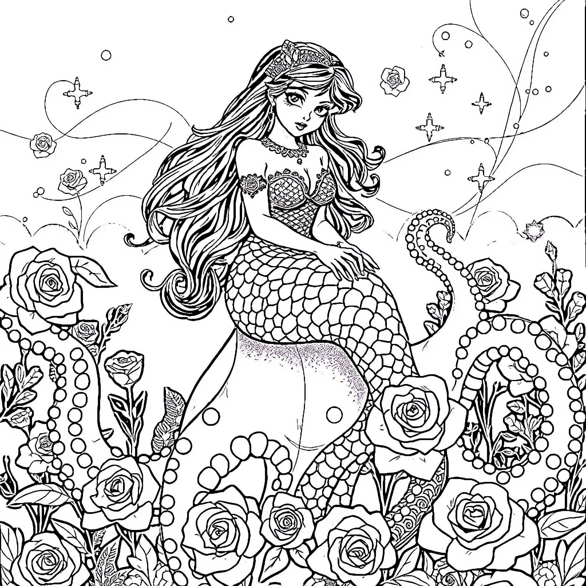 Mermaid surrounded by underwater flora and fauna Coloring Page (free black-and-white line drawing printable PDF for all, from beginners to advanced learners, including children, teens, adults, and seniors)