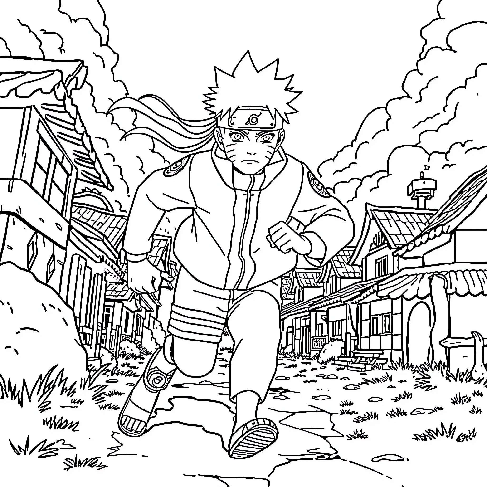 Naruto running through the village with determination Coloring Page (free black-and-white line drawing printable PDF for all, from beginners to advanced learners, including children, teens, adults, and seniors)