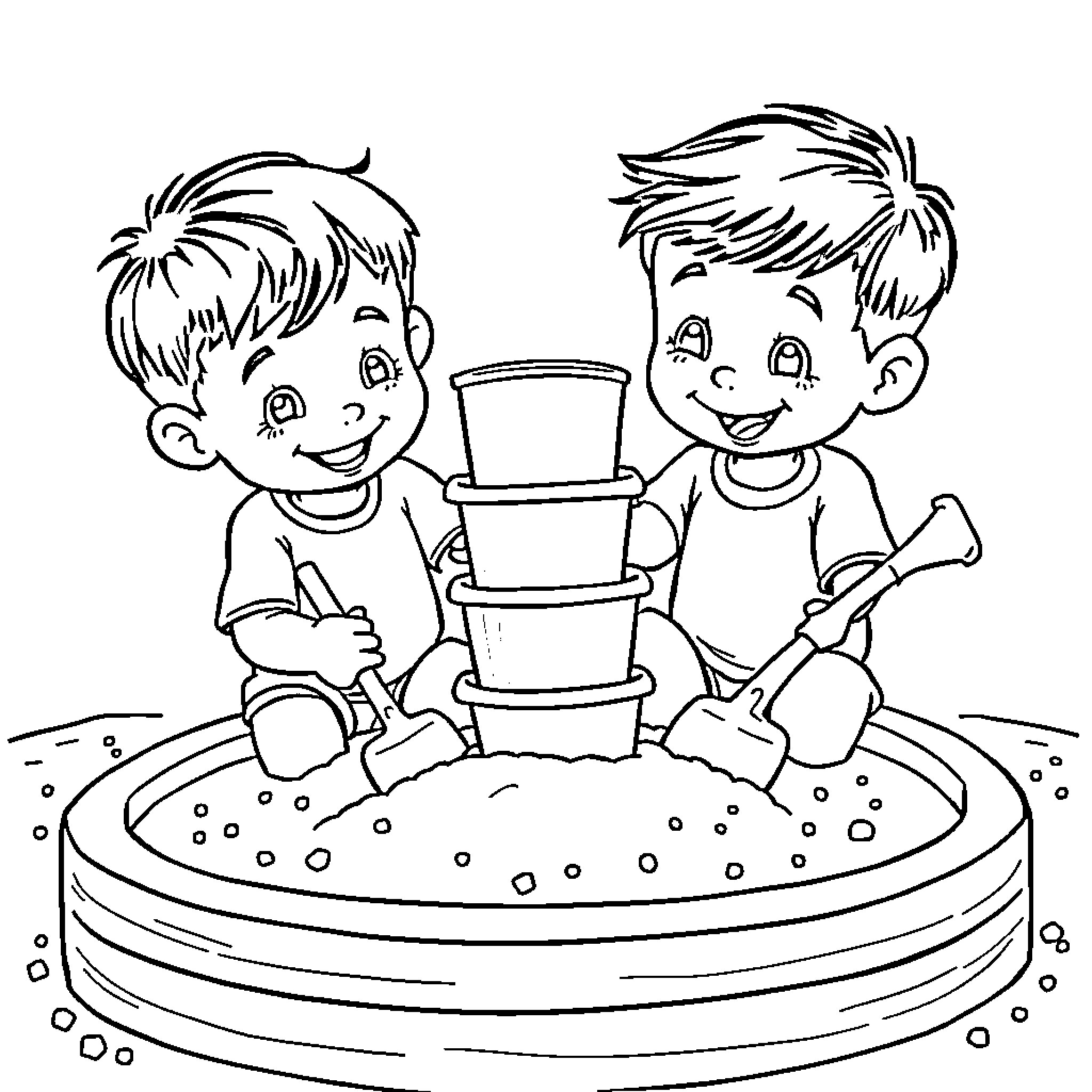 Twin Boys Playing with Toys in the Sand Coloring Page (free black-and-white line drawing printable PDF for all, from beginners to advanced learners, including children, teens, adults, and seniors)