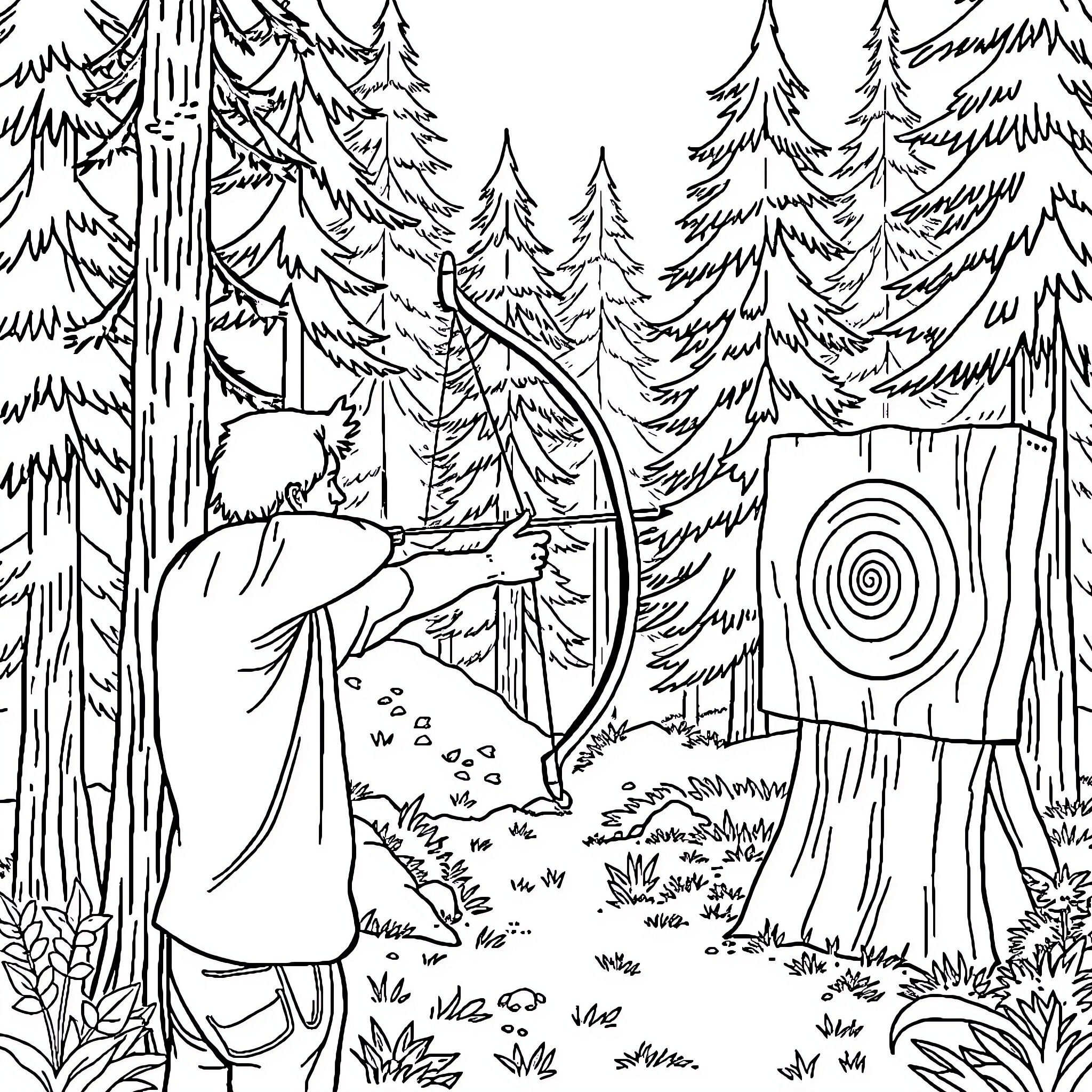 Archer hunting in the forest Coloring Page (free black-and-white line drawing printable PDF for all, from beginners to advanced learners, including children, teens, adults, and seniors)