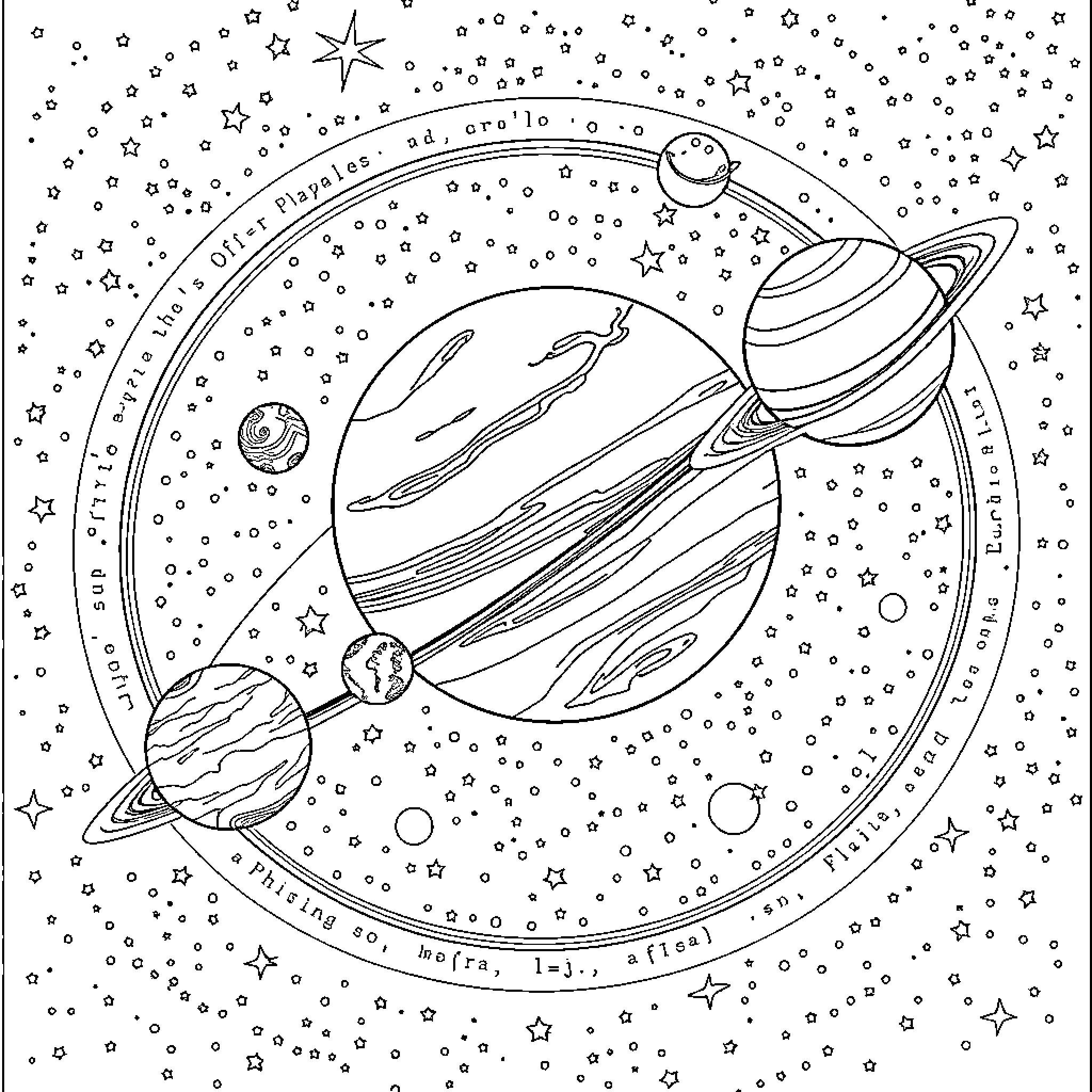 Solar System in Detailed Cosmic Illustration Coloring Page (free black-and-white line drawing printable PDF for all, from beginners to advanced learners, including children, teens, adults, and seniors)