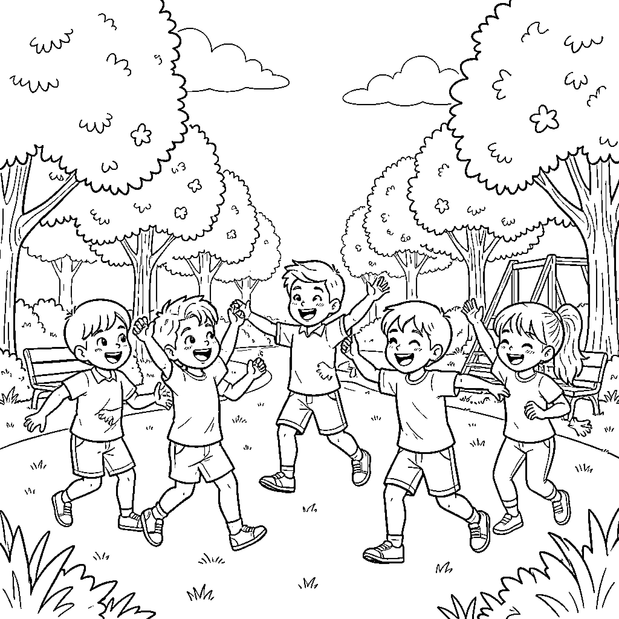 Kids playing and having fun outdoors Coloring Page (free black-and-white line drawing printable PDF for all, from beginners to advanced learners, including children, teens, adults, and seniors)