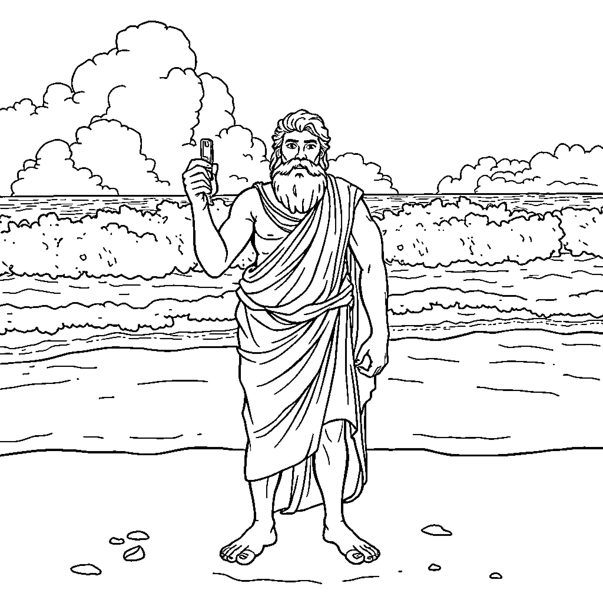Odysseus the Stoic Hero Facing the Stormy Seas Coloring Page (free black-and-white line drawing printable PDF for all, from beginners to advanced learners, including children, teens, adults, and seniors)