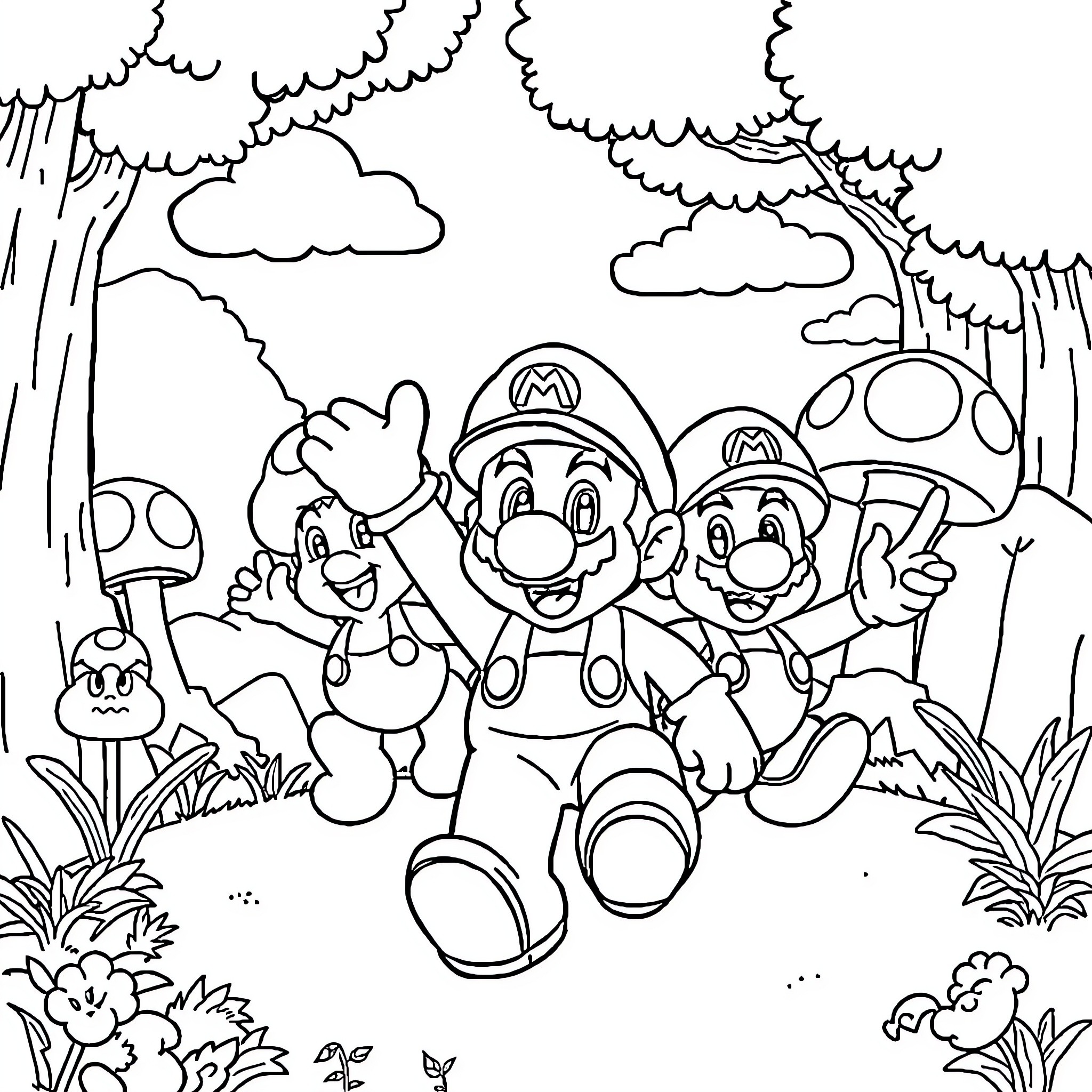 Mario and Friends Explore the Enchanting Forest Coloring Page (free black-and-white line drawing printable PDF for all, from beginners to advanced learners, including children, teens, adults, and seniors)