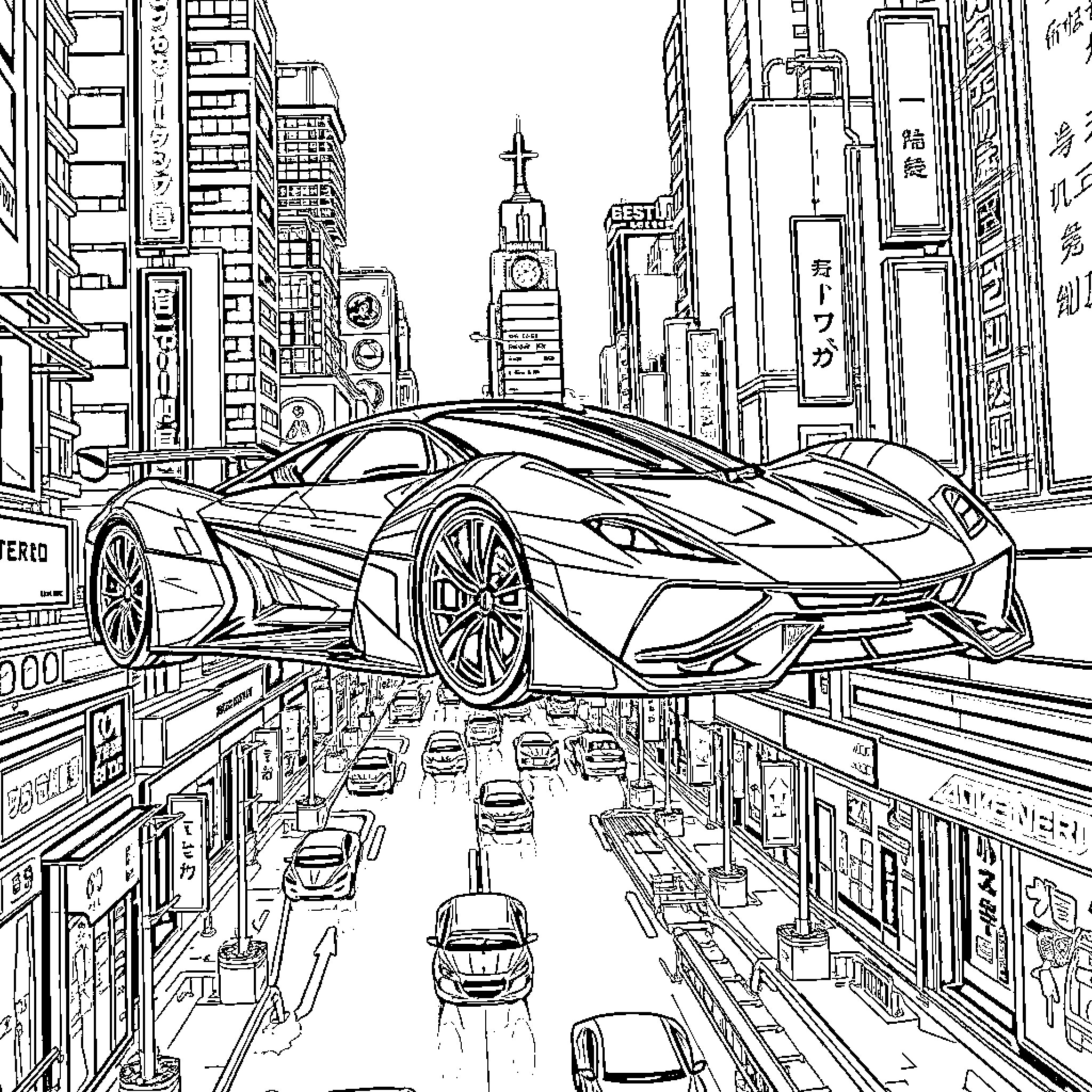 Futuristic Vehicle Soaring Above Bustling Cityscape Coloring Page (free black-and-white line drawing printable PDF for all, from beginners to advanced learners, including children, teens, adults, and seniors)