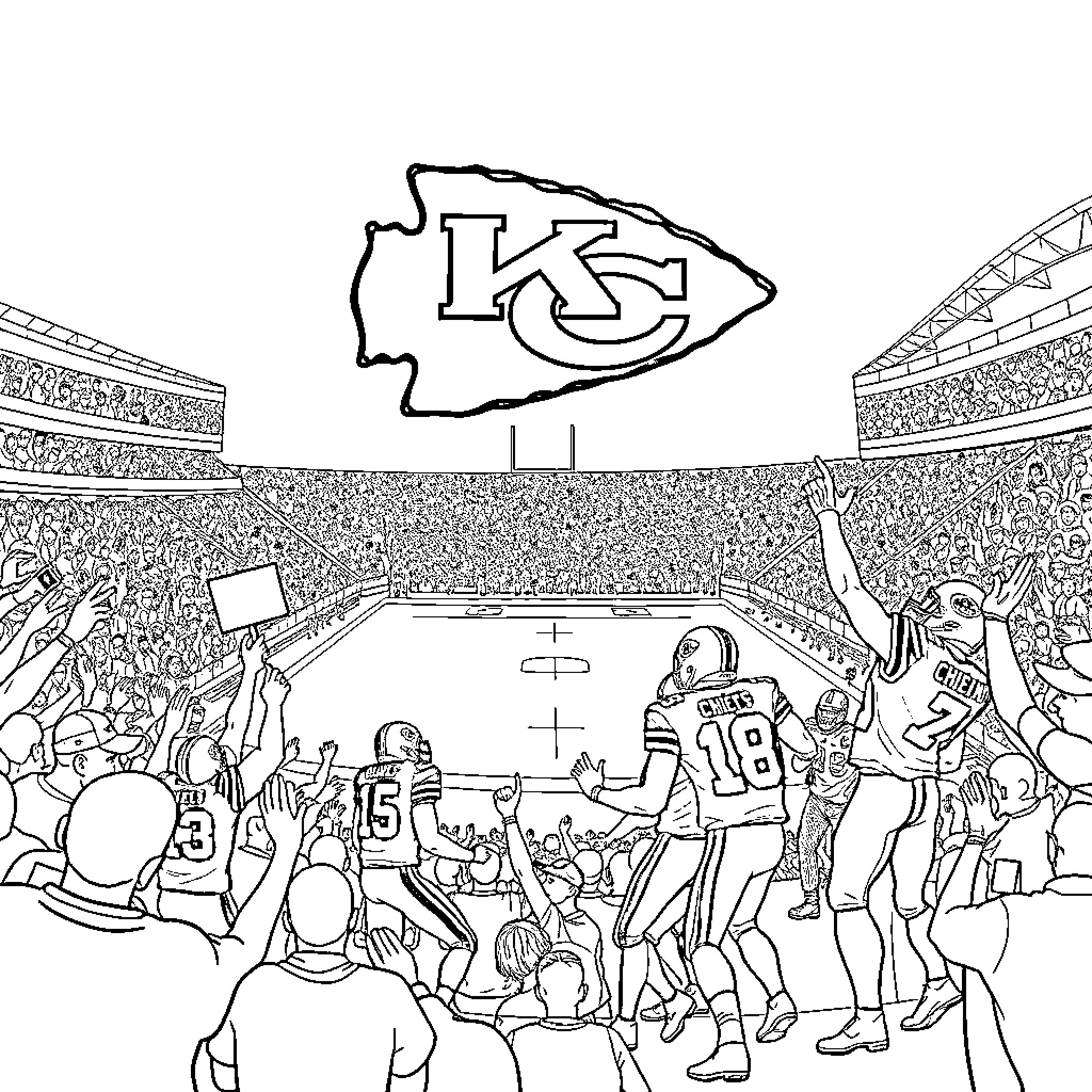 Chief Footballers Competing in Packed Stadium Coloring Page (free black-and-white line drawing printable PDF for all, from beginners to advanced learners, including children, teens, adults, and seniors)