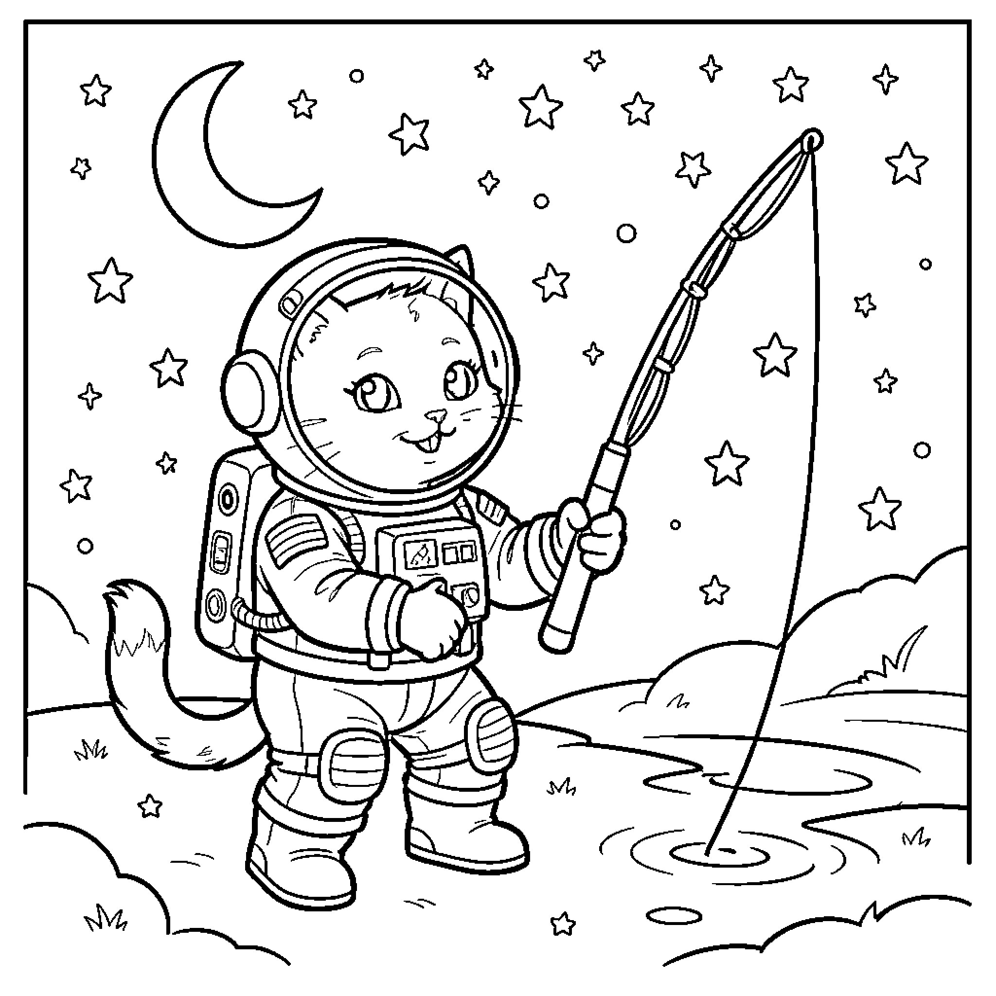 Astronaut Cat fishing under a starry night sky Coloring Page (free black-and-white line drawing printable PDF for all, from beginners to advanced learners, including children, teens, adults, and seniors)