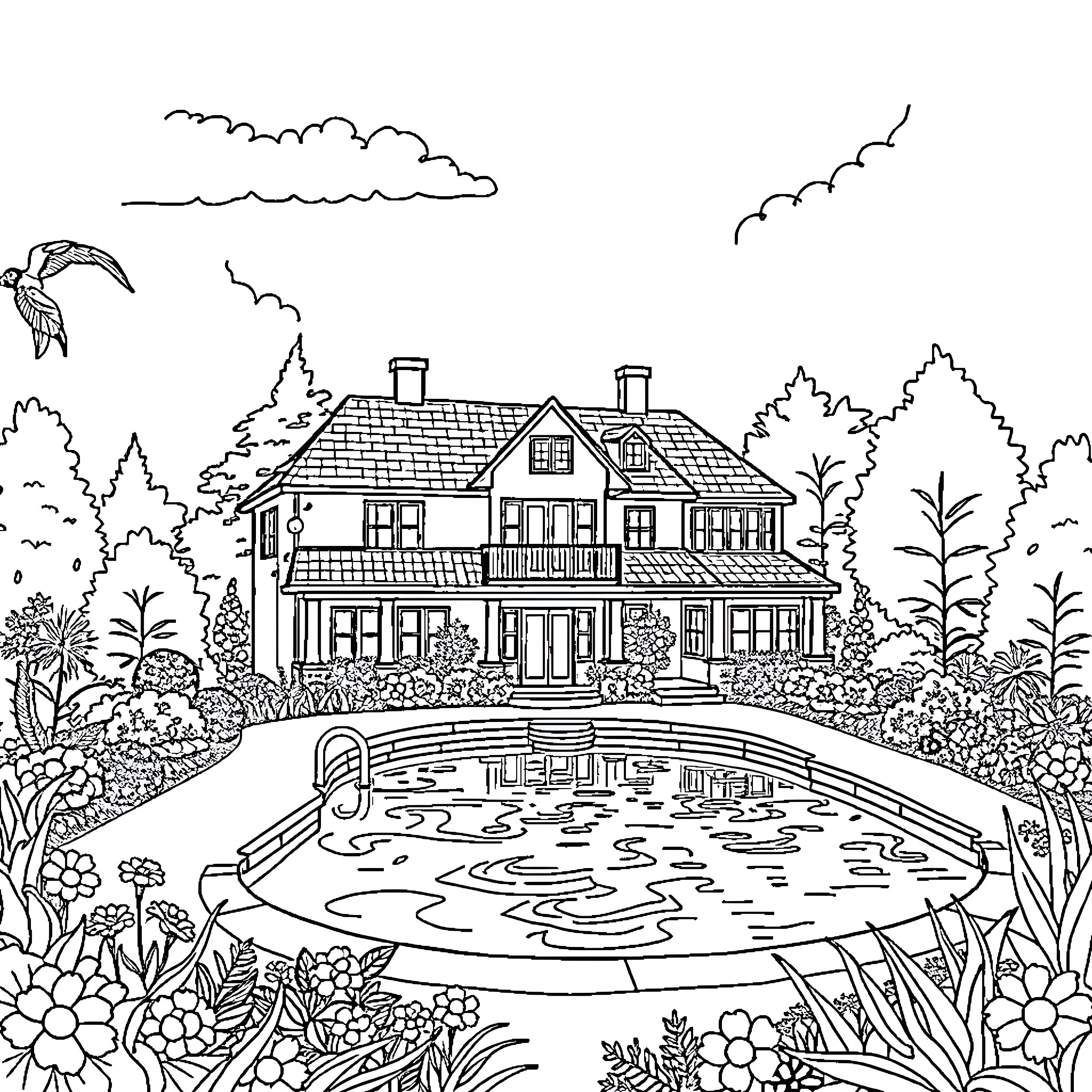 House with a Beautiful Backyard Pool Coloring Page (free black-and-white line drawing printable PDF for all, from beginners to advanced learners, including children, teens, adults, and seniors)