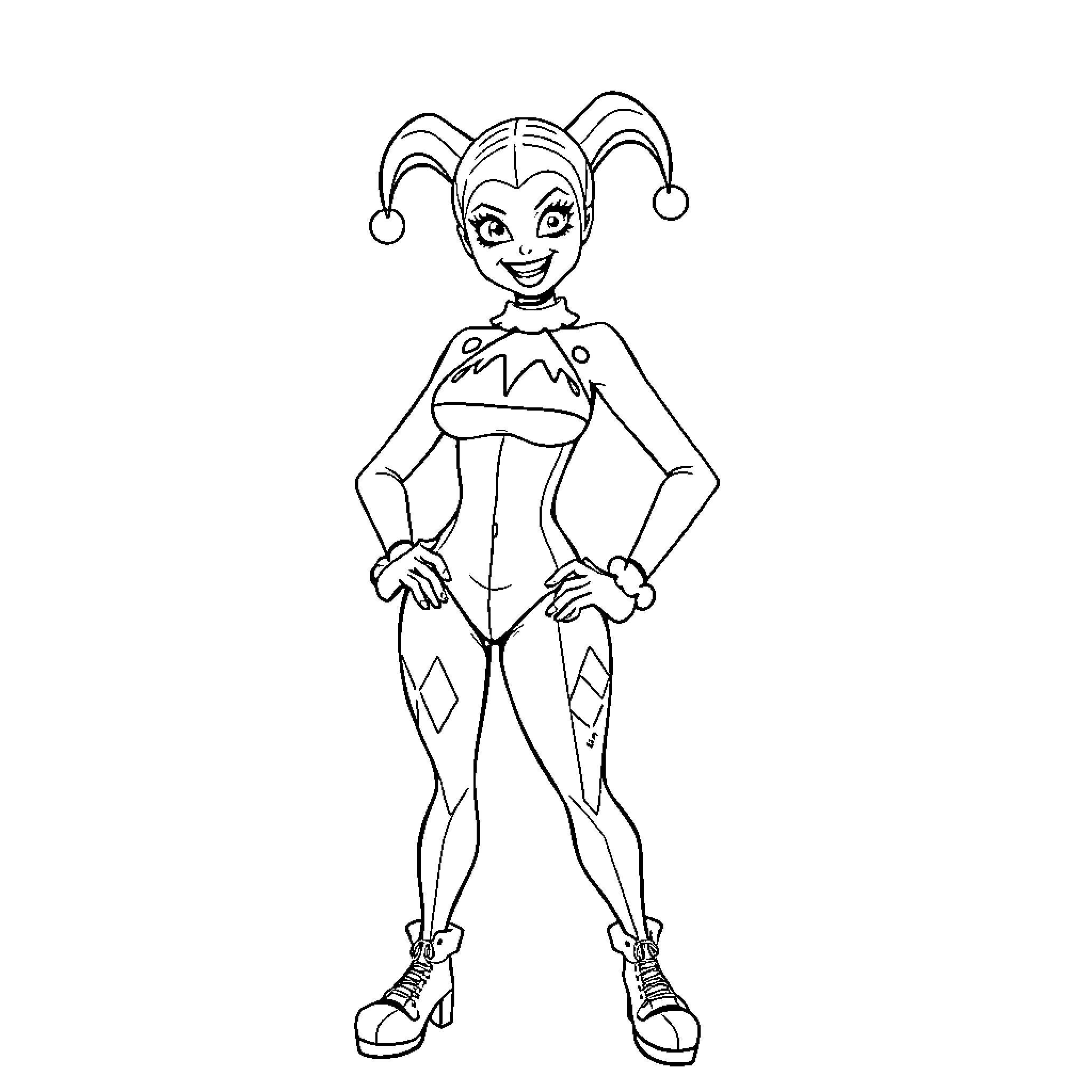 Harley Quinn striking a confident pose Coloring Page (free black-and-white line drawing printable PDF for all, from beginners to advanced learners, including children, teens, adults, and seniors)