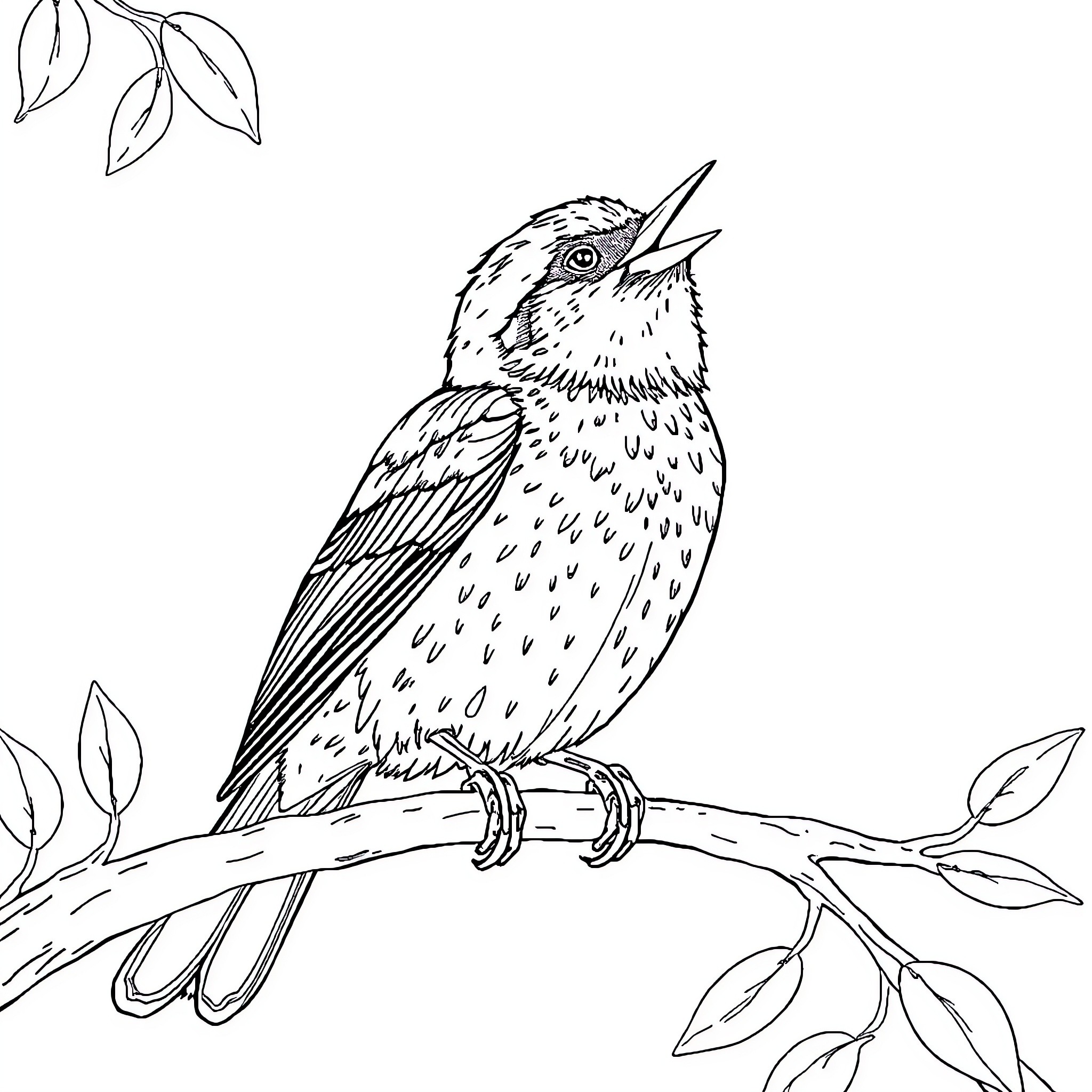 Nymph bird perched on branch amidst foliage Coloring Page (free black-and-white line drawing printable PDF for all, from beginners to advanced learners, including children, teens, adults, and seniors)