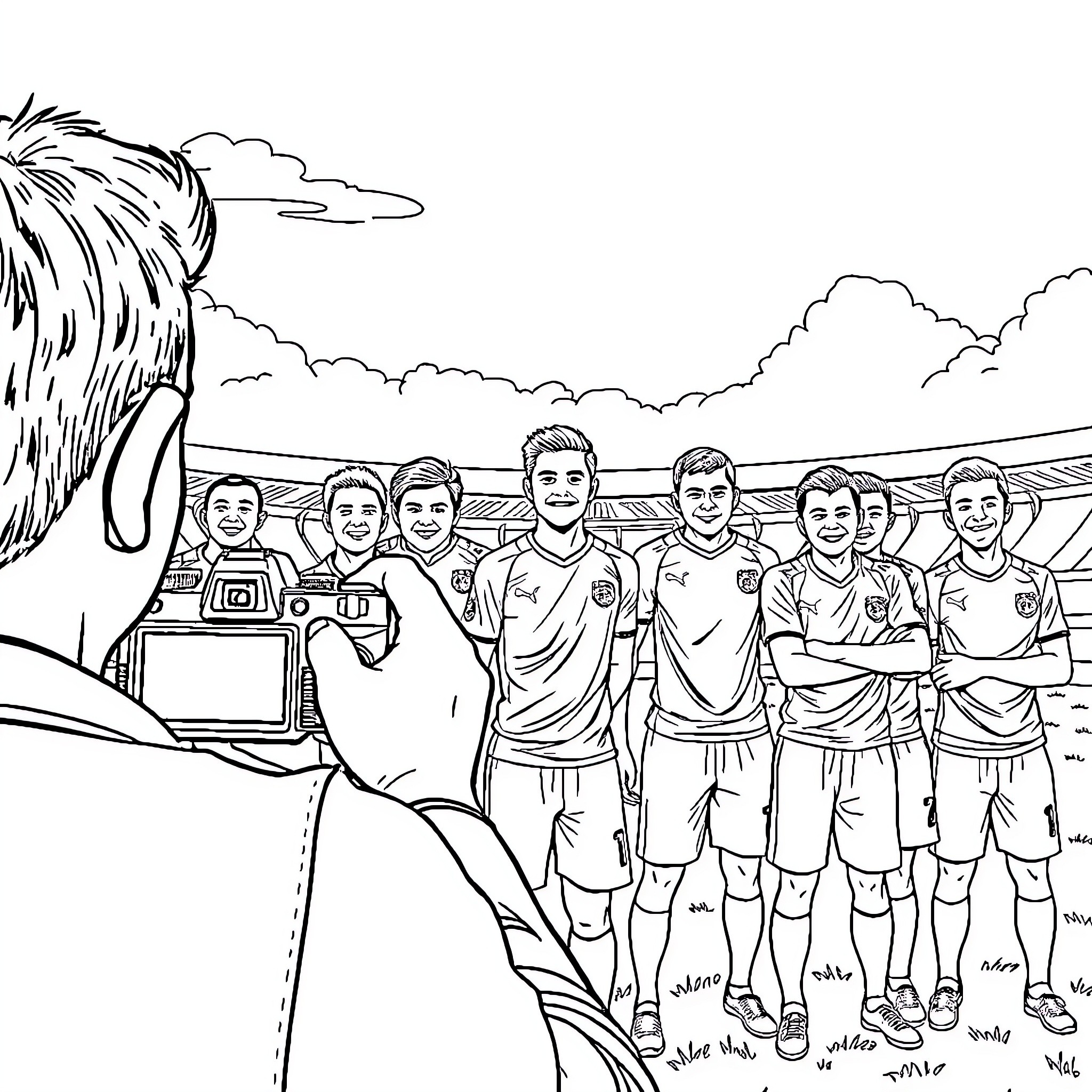 Football Team Preparing for Match on Field Coloring Page (free black-and-white line drawing printable PDF for all, from beginners to advanced learners, including children, teens, adults, and seniors)