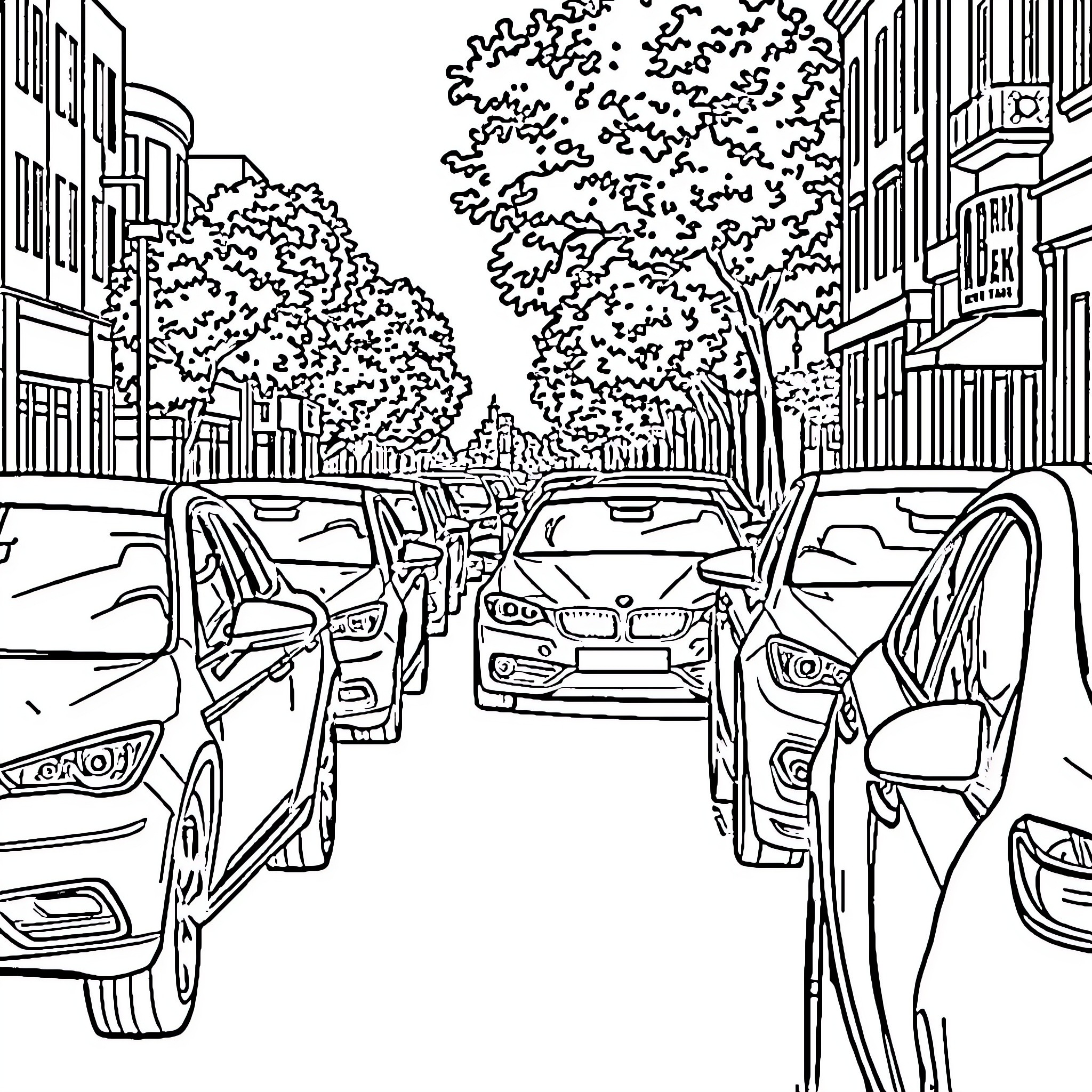 Cars driving through a tree-lined urban street Coloring Page (free black-and-white line drawing printable PDF for all, from beginners to advanced learners, including children, teens, adults, and seniors)